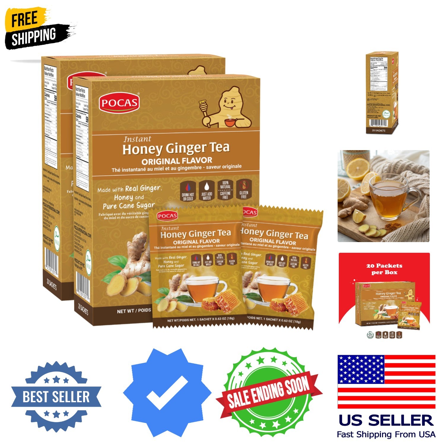 Honey Ginger Instant Tea Powder 2-Pack with Ginger Extract & Real Honey, Caff…