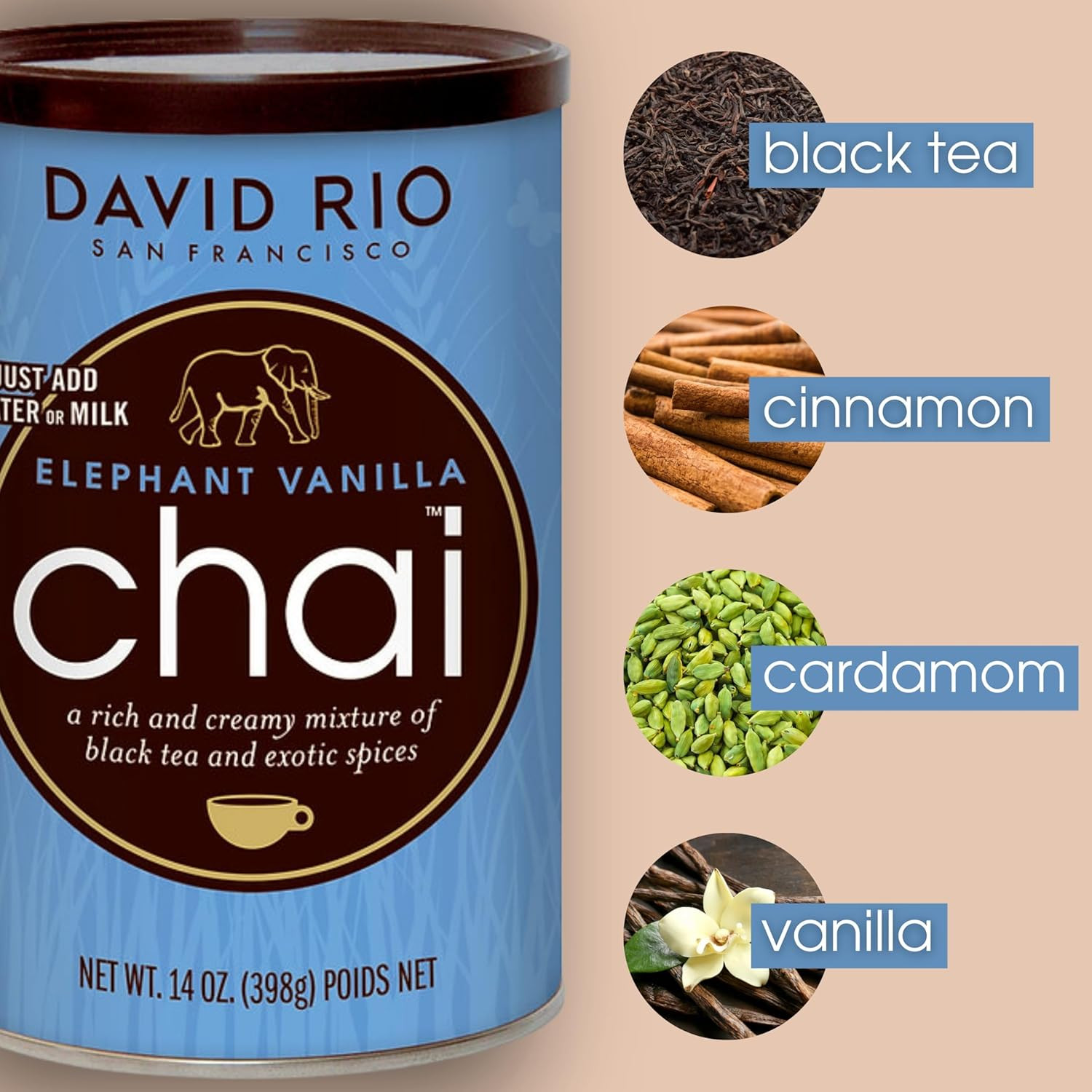 Elephant Vanilla Chai Tea Latte Mix, 14 Oz, Black Tea, Organic Spices, Dairy Fre