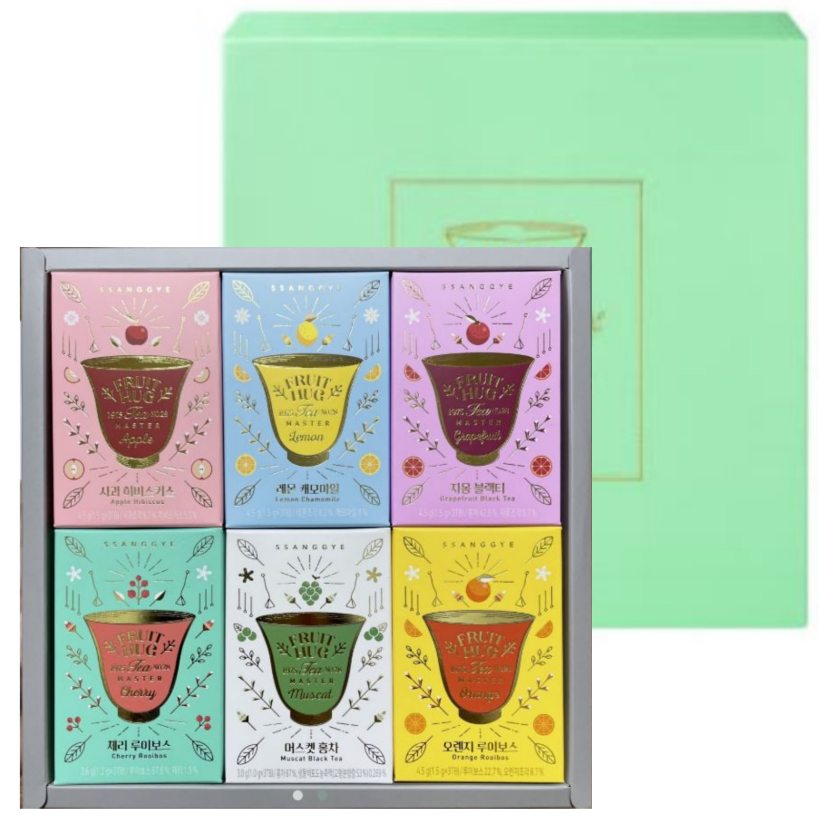 Ssanggye Premium Korean Fruit Hug Dried Tea Blend 6 Flavors x 3 Pyramid Tea Bags