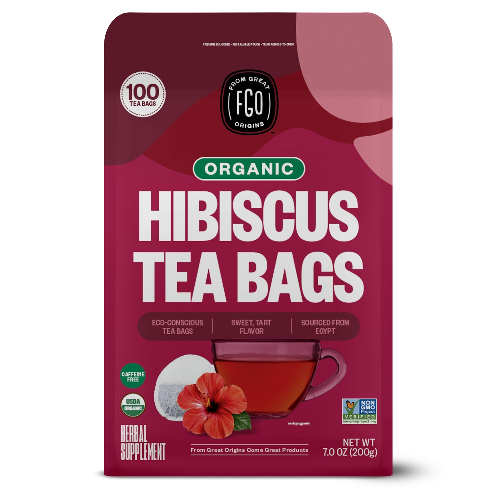 FGO Organic Hibiscus Tea Eco-Conscious Tea Bags in Kraft Bag from Egypt 100ct