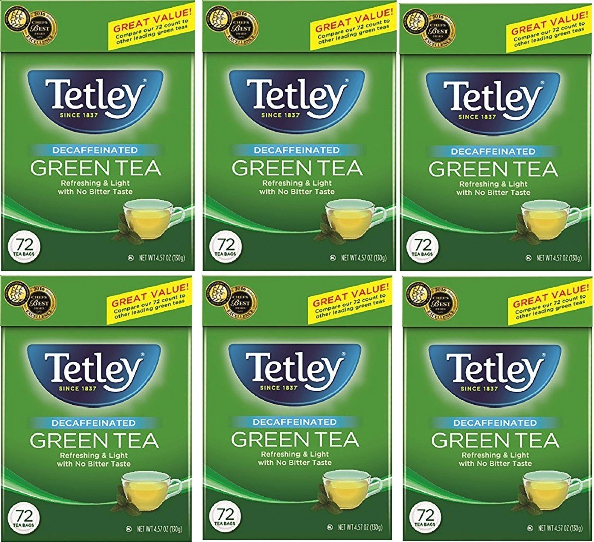 Lot of 6 Tetley Natural Decaffeinated Tea, 72 Count Each