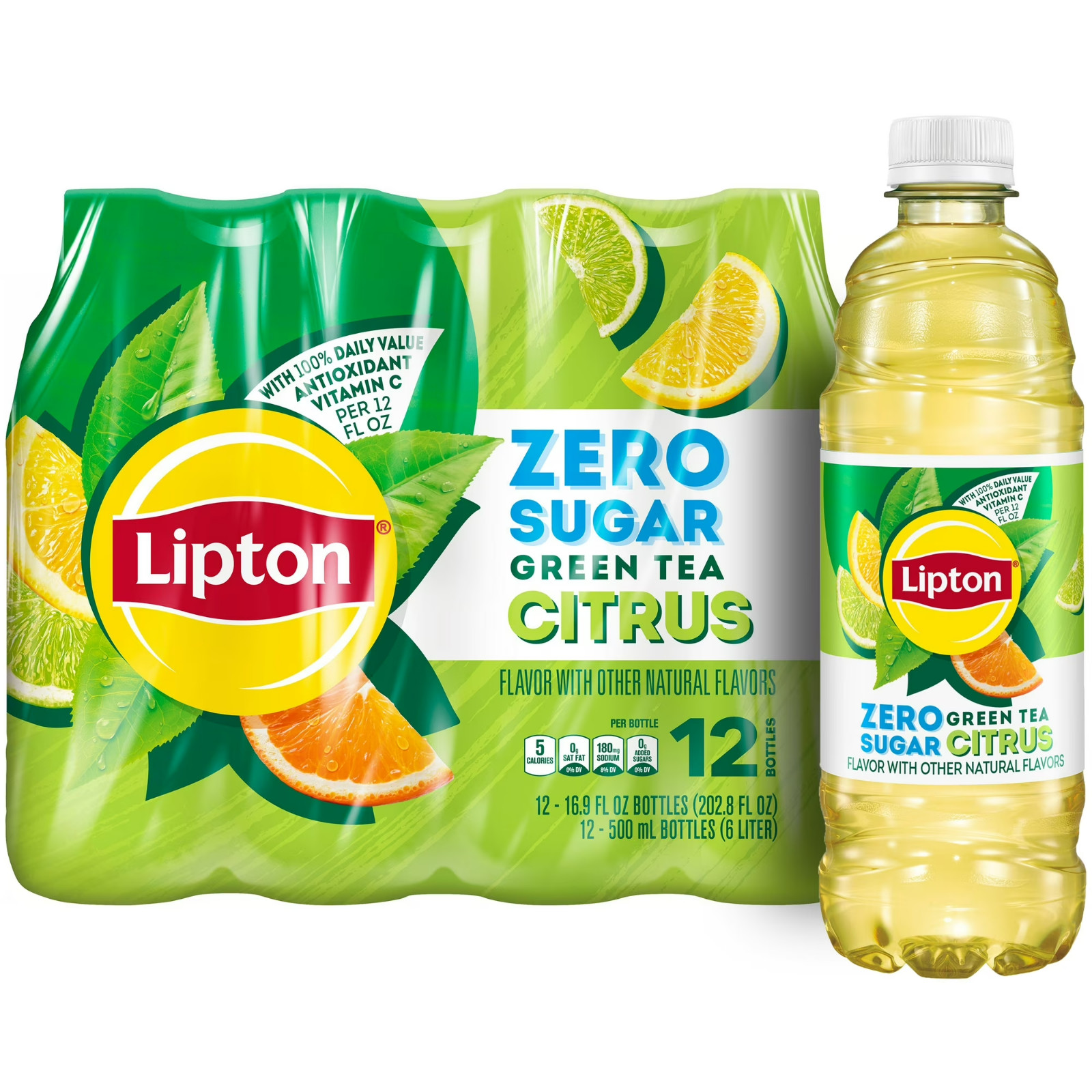 Lipton Green Tea Citrus Zero Sugar Iced Tea, 16.9 fl oz, 12 pack Bottles​