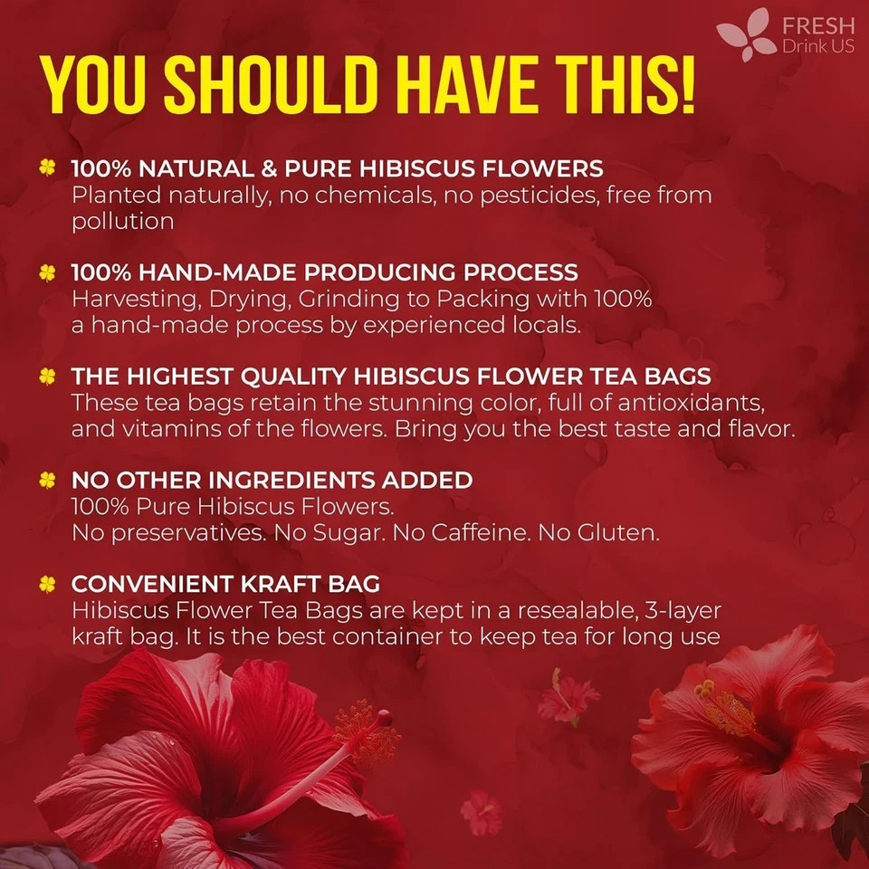 , Premium 140 Hibiscus Flowers Tea Bags, 100% Natural, Handmade & Pure from Hibi