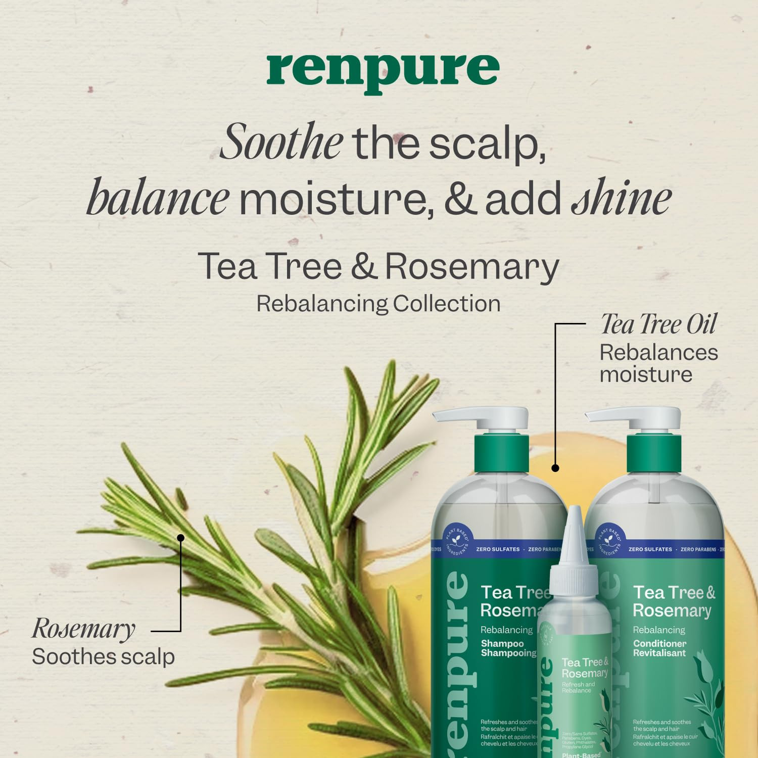 Renpure Tea Tree & Rosemary Shampoo and Conditioner Set, Plant Based – Refreshes