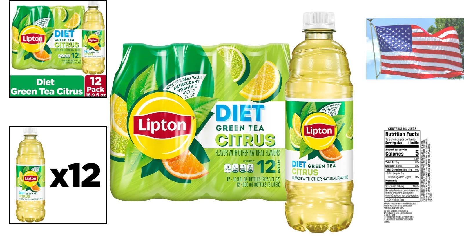 Refreshing Diet Green Tea Citrus, Zero Sugar – 12 Bottles, 16.9 Fl Oz Each