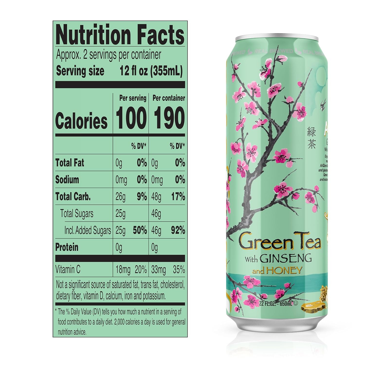 Green Tea with Ginseng and Honey – Big Can, 22 Fl Oz (Pack of 12)