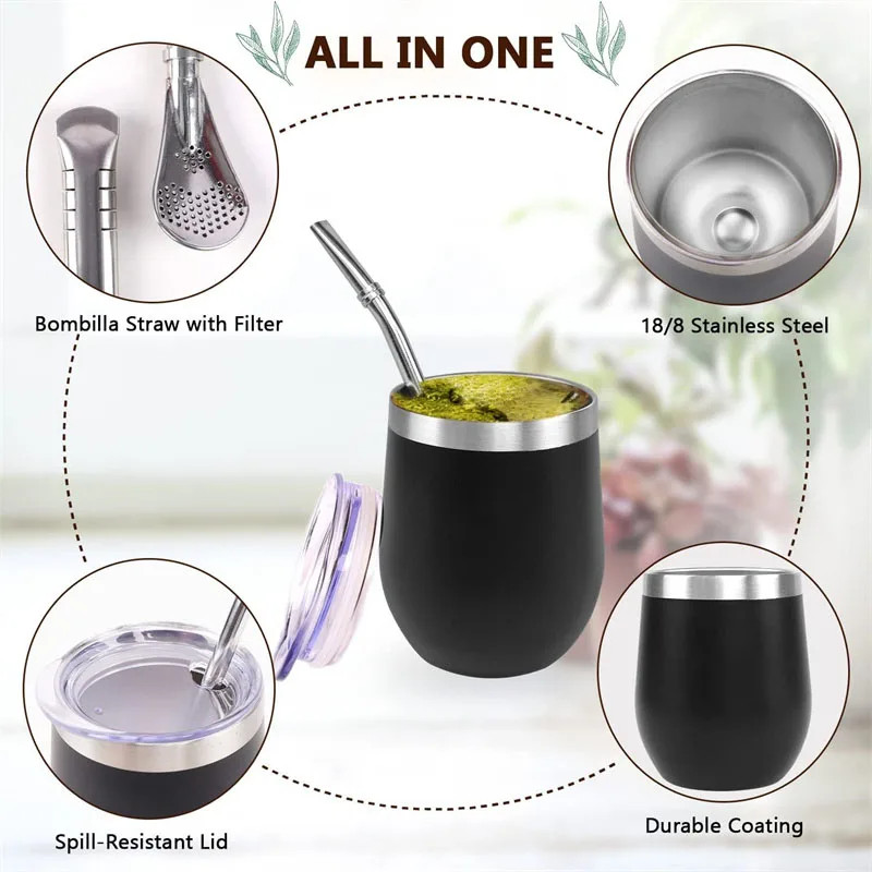3pcs Stainless Steel Yerba Mate Cup Set: 350ML Gourd, Bombillas & Brush