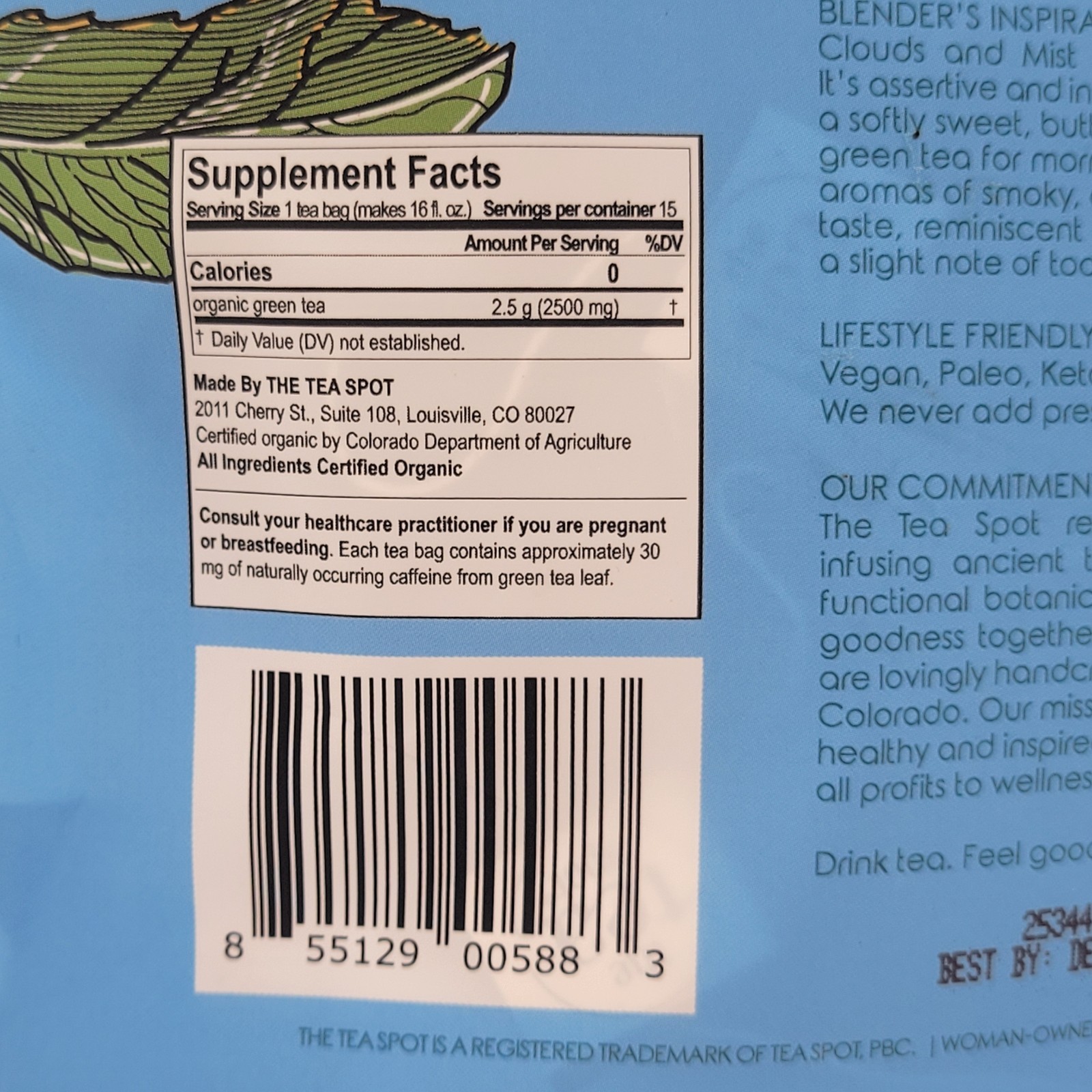The Tea Spot – Clouds & Mist – Whole Leaf Green Tea – 15 Bags – Immune Support