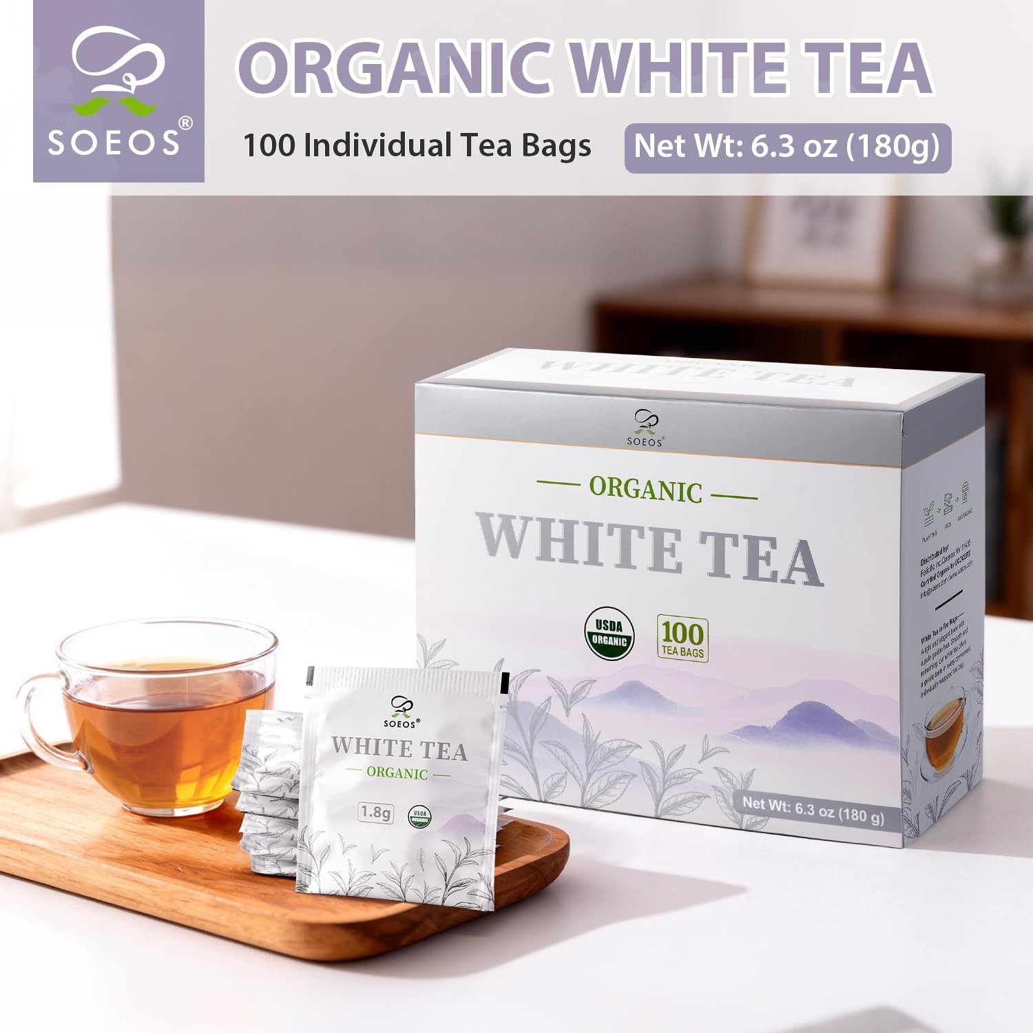 Elegant Organic White Tea – 100 Individually Wrapped Teabags, Low Caffeine