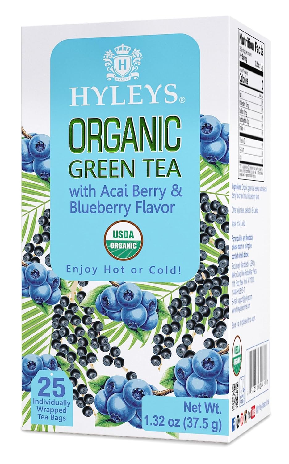 Hyleys Organic Green Tea Acai Berry and Blueberry Flavor – 25 Tea Bags