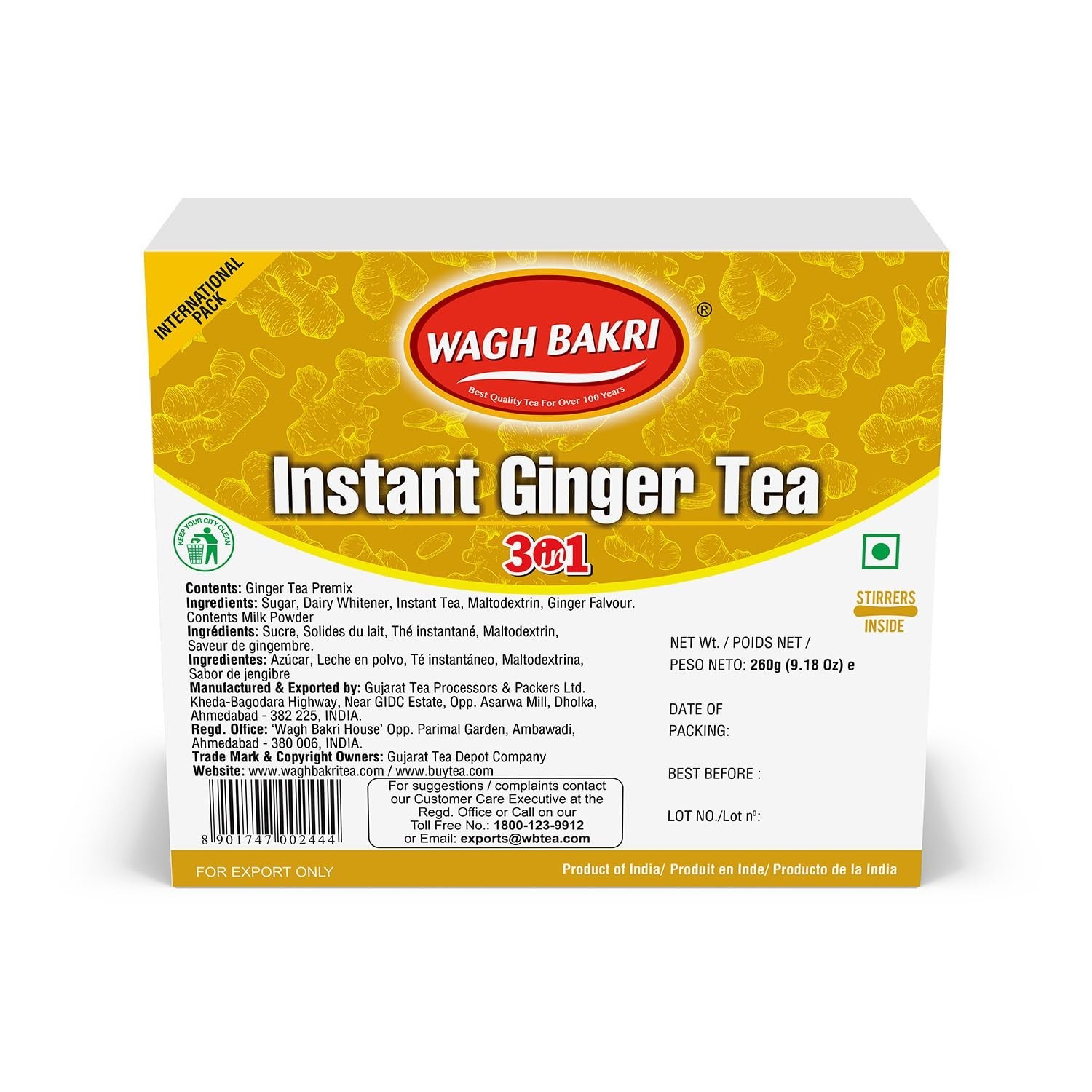 Instant Ginger Tea, 3 in 1, Just add Hot Water – 260 grams, 10 Sachets, Stirr…