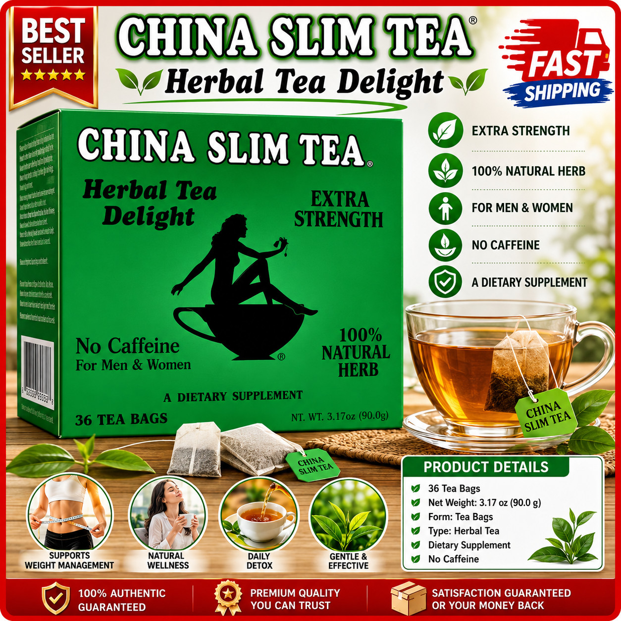 China Slim Herbal Tea Extra Strength Delight 36 Tea Bags Exp:2029