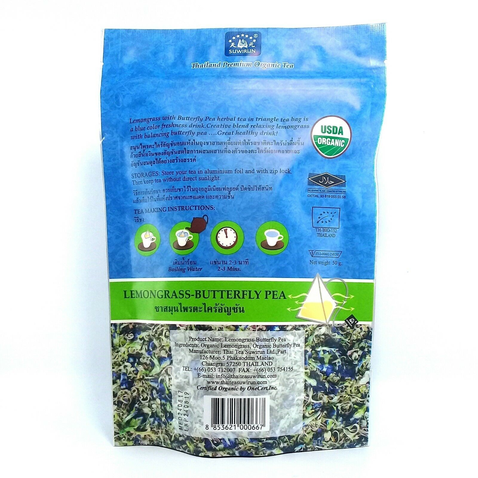 Thai USDA Organic Herbal Tea Lemongrass Rosella Ginger Butterfly Pea 1-5 Packs
