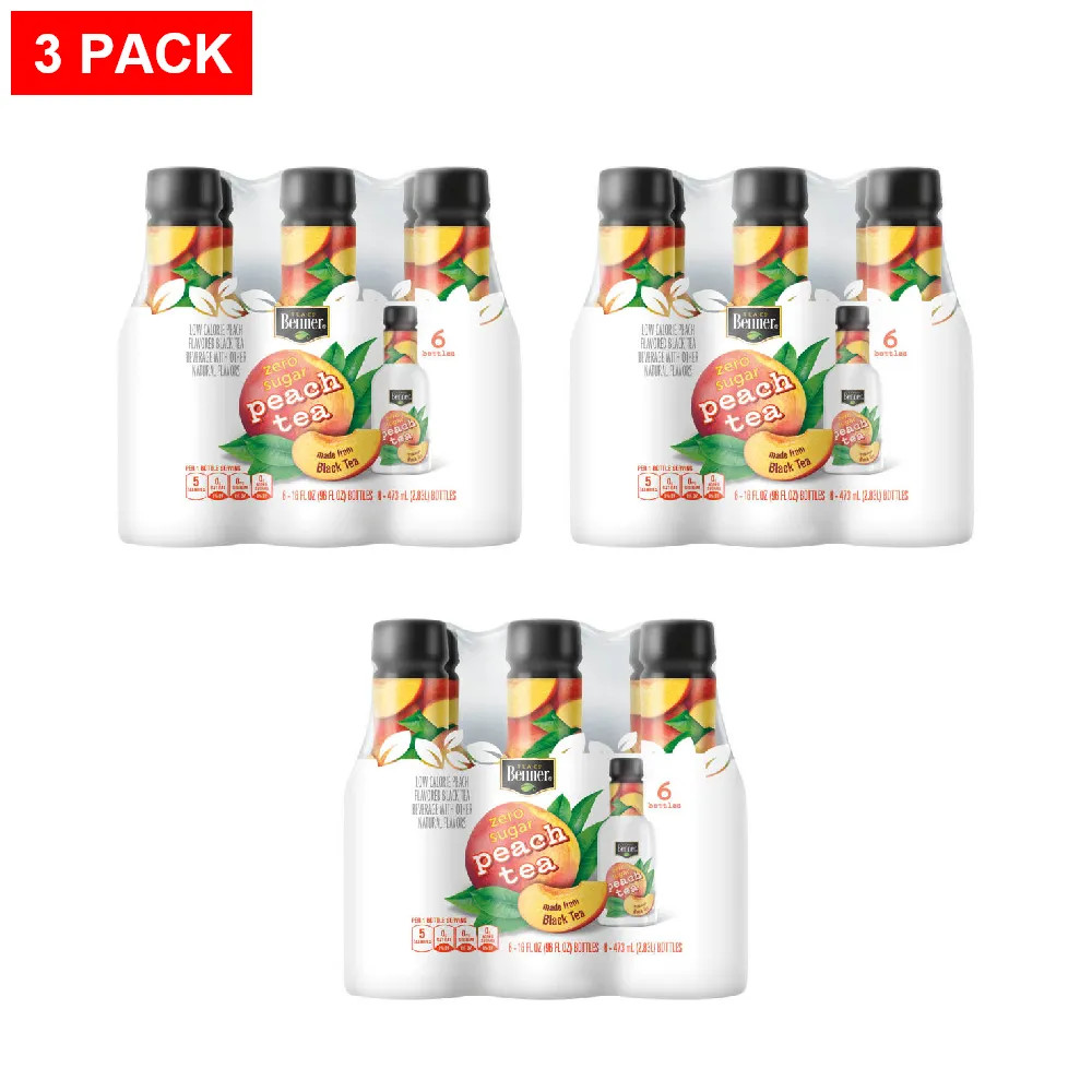 Benner Diet Peach Flavored Iced Tea – 6 pack, 16 fl oz – Pack of 3