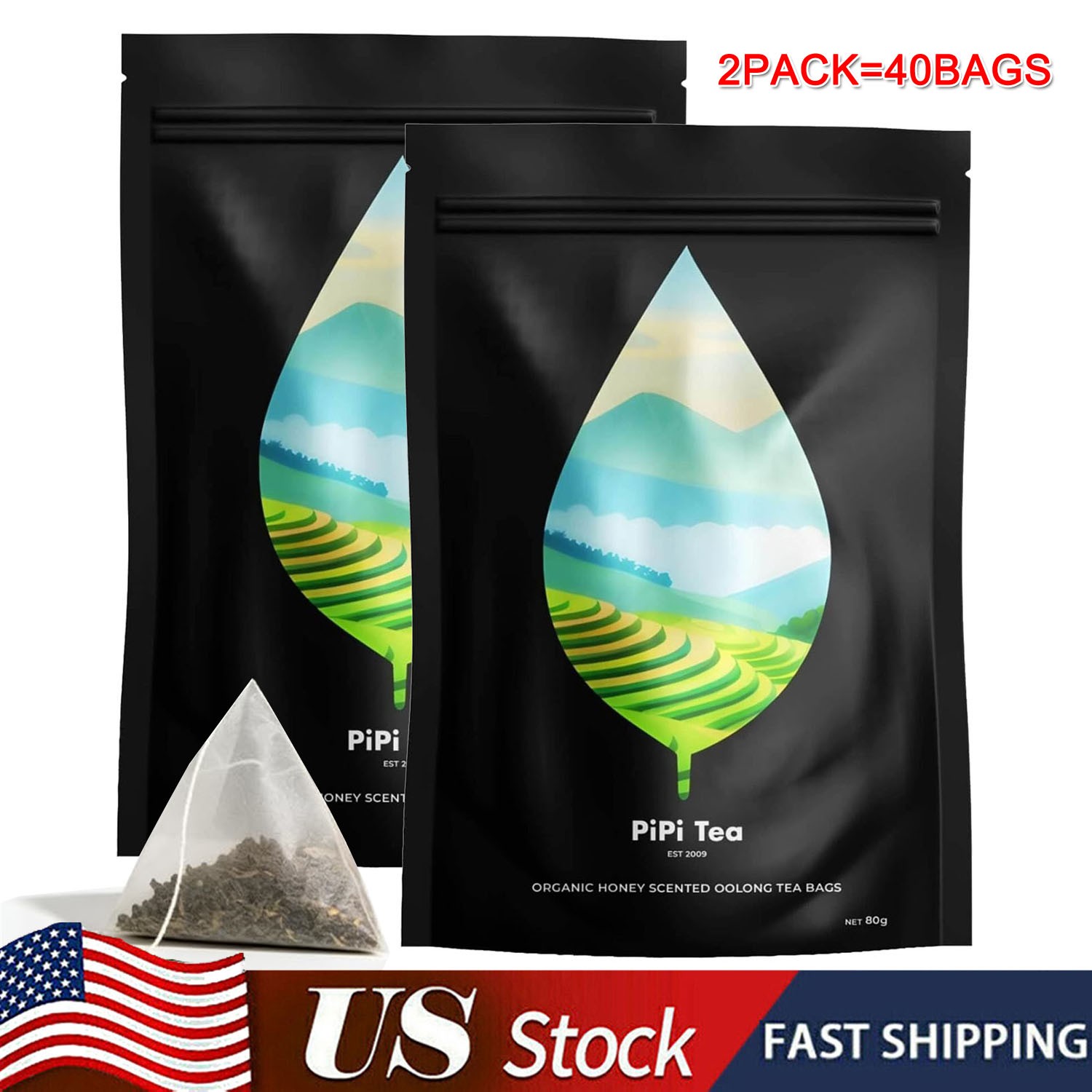 2PACK PiPi Tea Organic Oolong Tea Bags- Whole Leaf,20 Bags(4g Each) Pure Natural