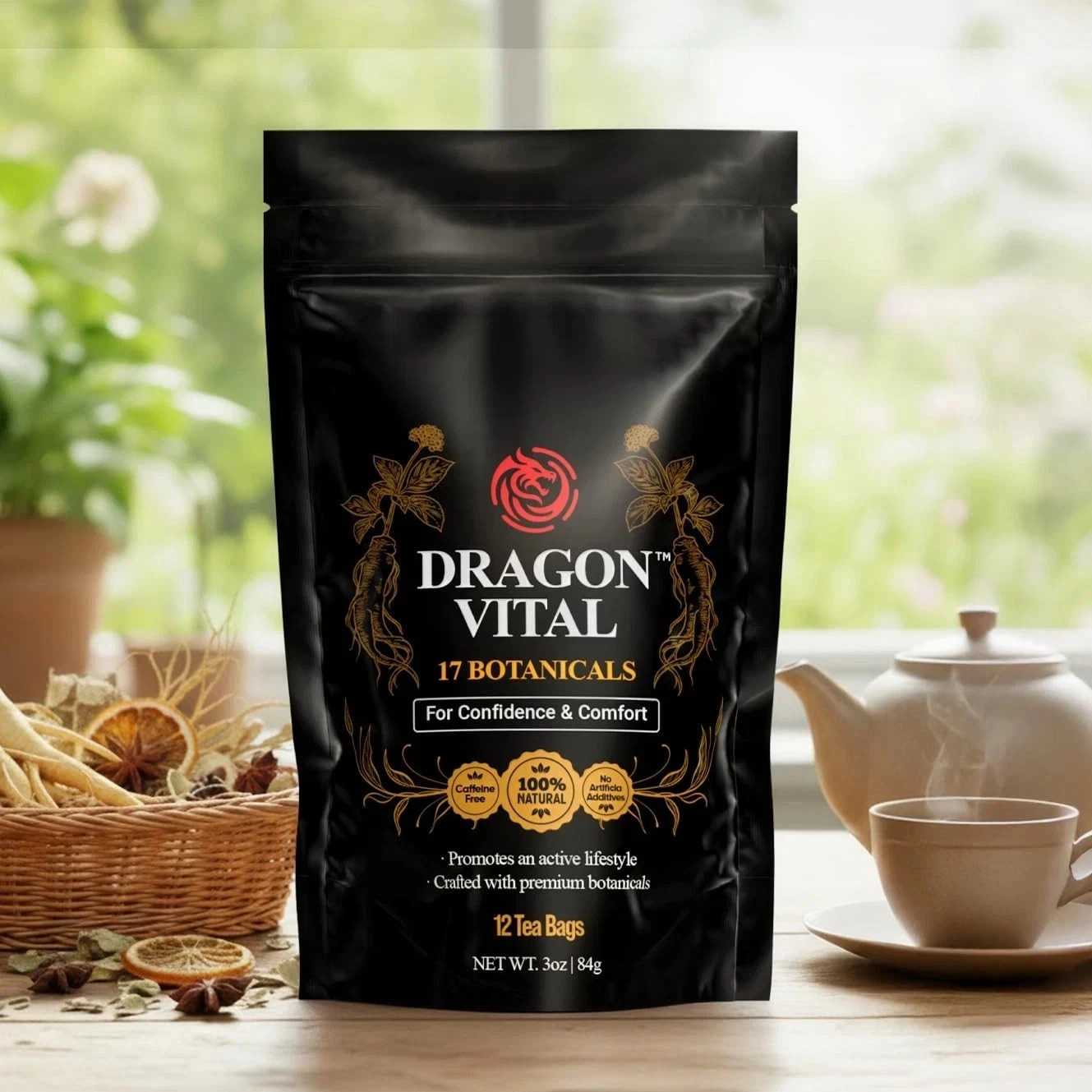 Dragon Vital Herbal Tea with Ginseng Maca – Natural Energy Support | Caffein…