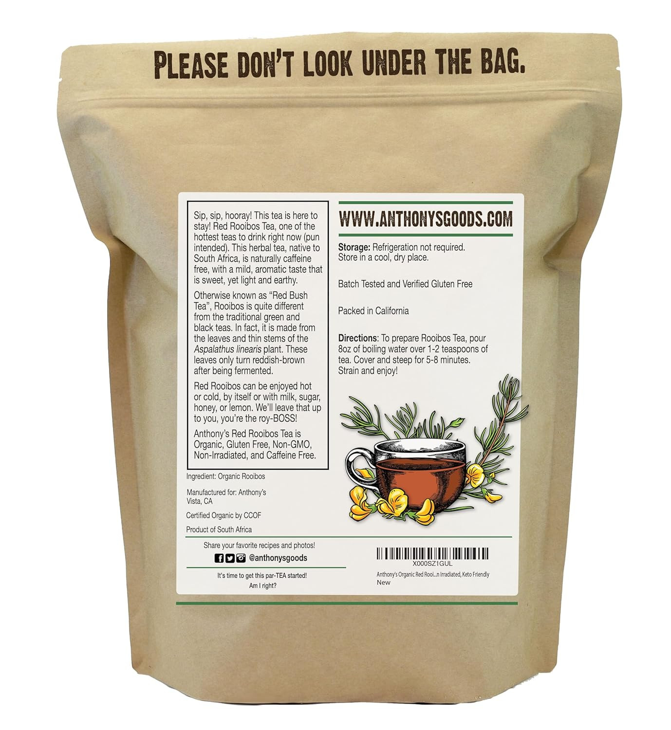 Organic Red Rooibos Loose Leaf Tea, 1 Lb, Gluten Free, Non GMO, Non Irradiated,