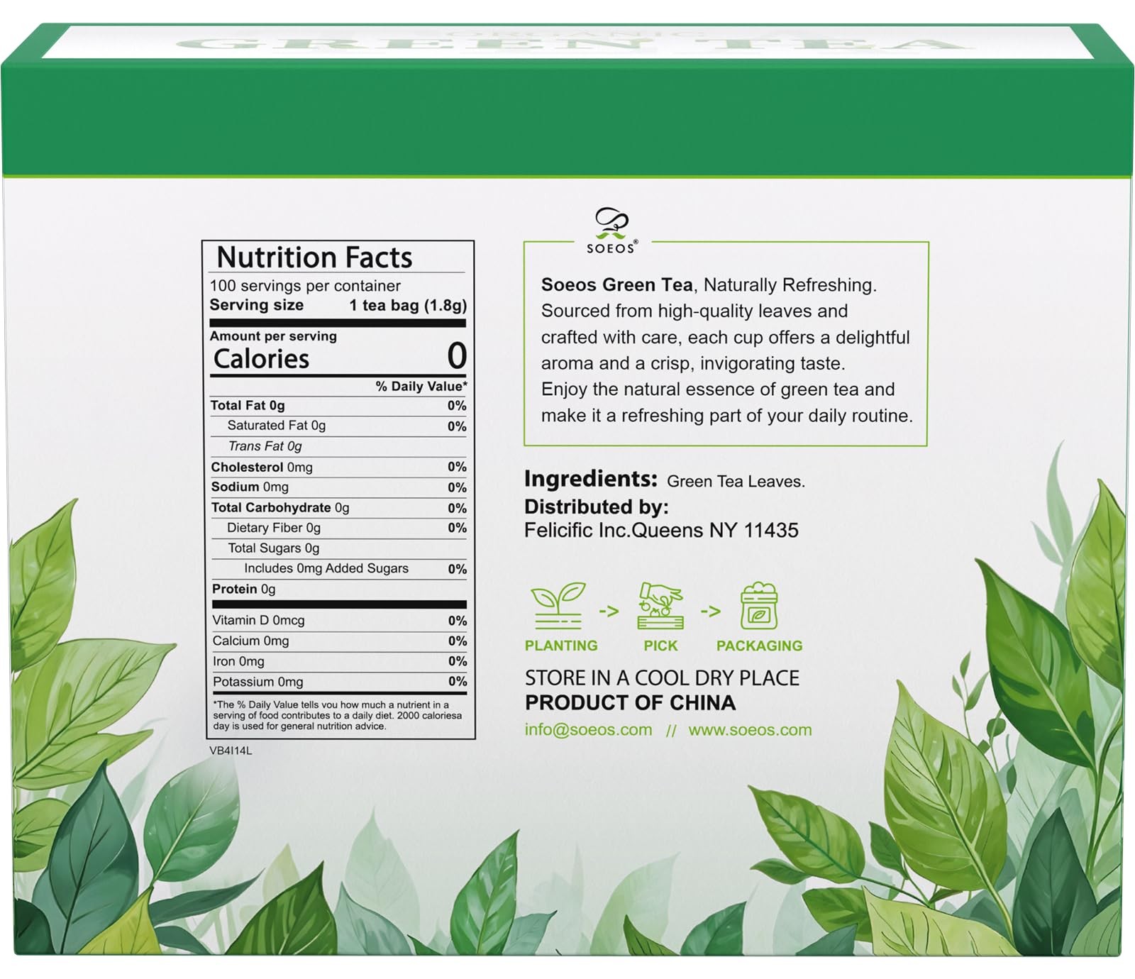 Soeos Green Tea, 6.3 oz (180g), 100 Tea Bags, 100 Count (Pack of 1)