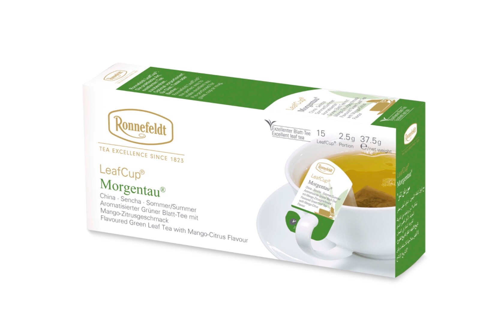Ronnefeldt Leafcup® Morgentau. 15 Green tea Bags with mango & citrus flavor.Made