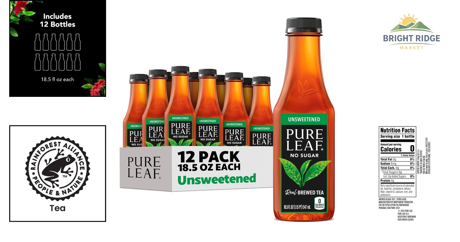 12-Pack Unsweet Black Iced Tea, Zero Sugar, Gluten-Free, 18.5 Fl Oz Bottles
