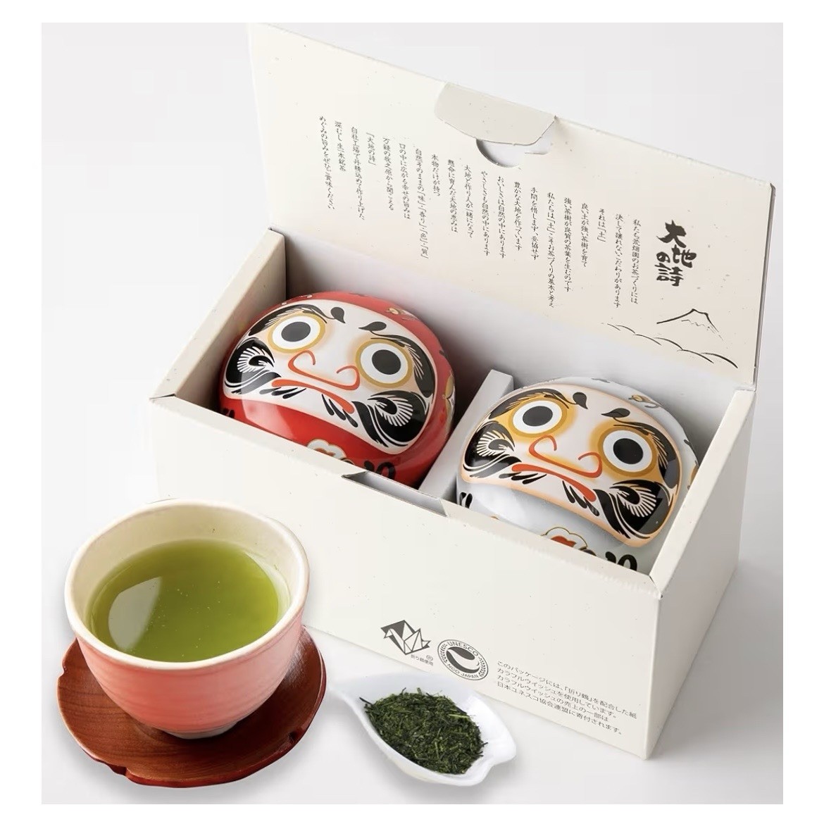 Japanese Deep Steamed Green Tea Gift Set Red White Daruma Can Made in Japan