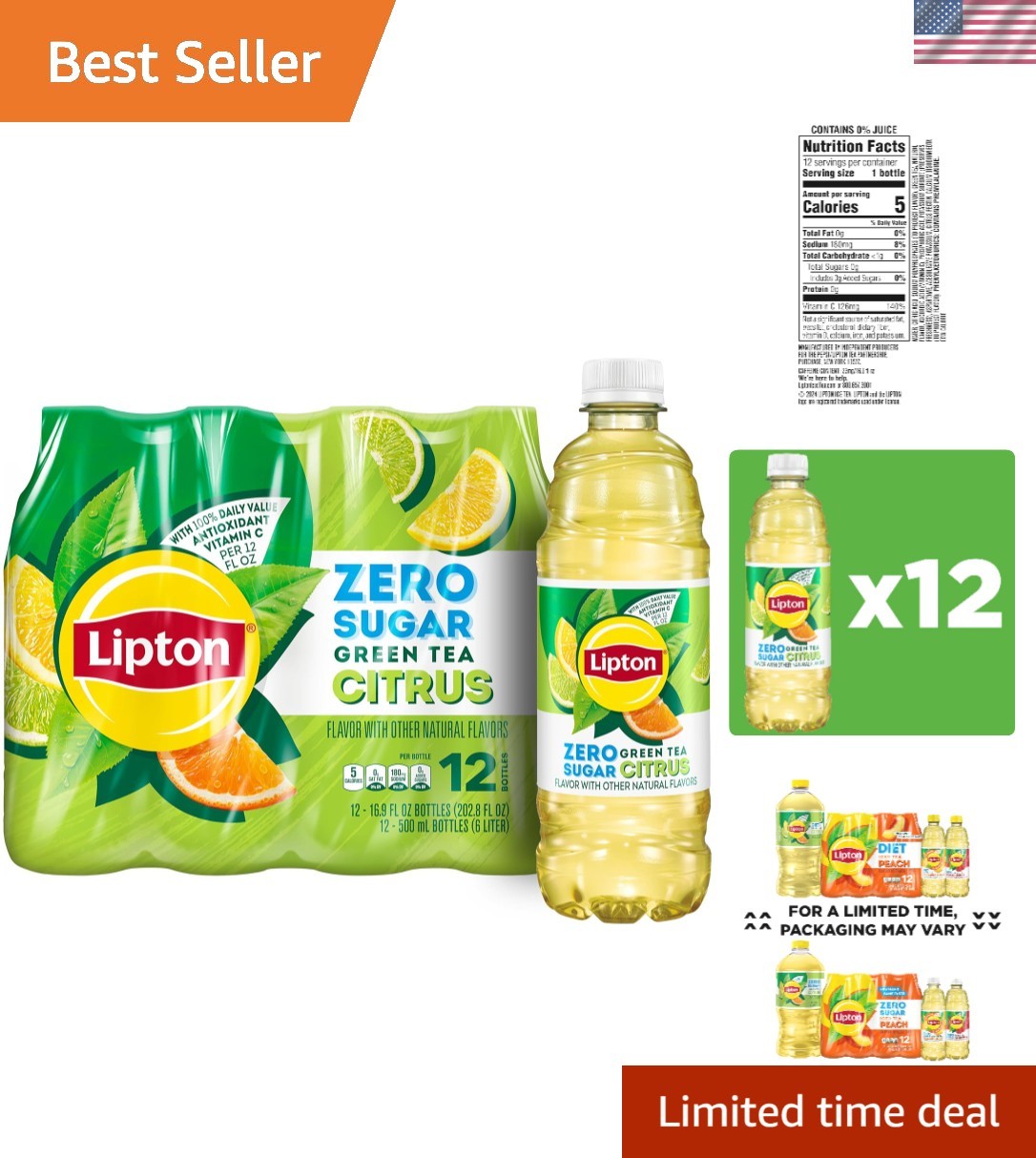 Lipton Diet Green Tea Citrus, 12 Pack – Low-Calorie Citrus Drink for Weight Loss