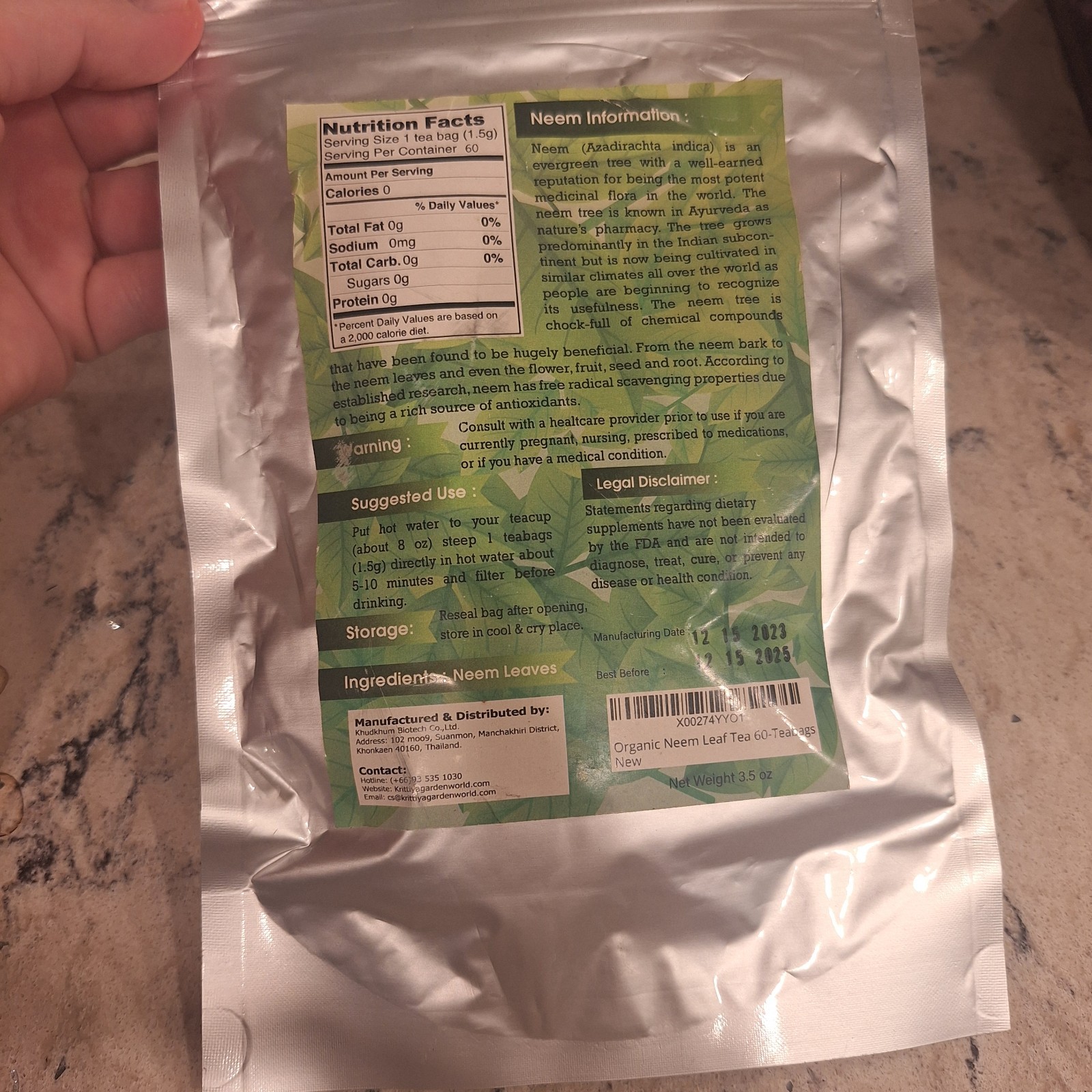 Neem Leaf Tea 60 Tea Bags Krittiya Garden 12/2025 Natural Wild Organic