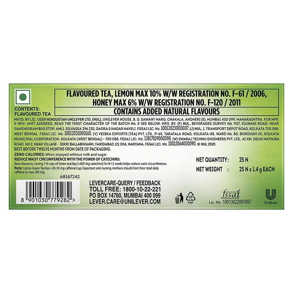 Lipton Honey Lemon Green Tea Bags, 25 Pieces, , lemon & honey (25*1.4gm each)