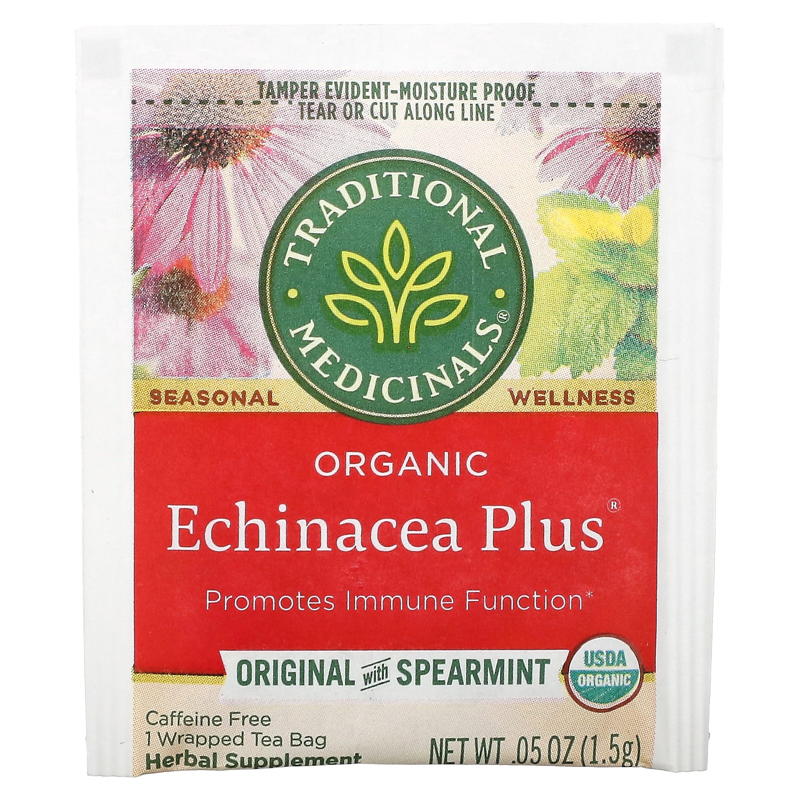 Organic Echinacea Plus, Original with Spearmint, Caffeine Free, 16 Wrapped Tea