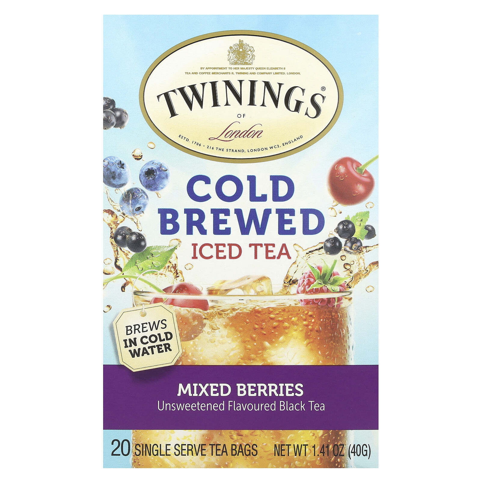 Cold Brewed Iced Tea, Black Tea, Unsweetened, Mixed Berries, 20 Single Serve Tea