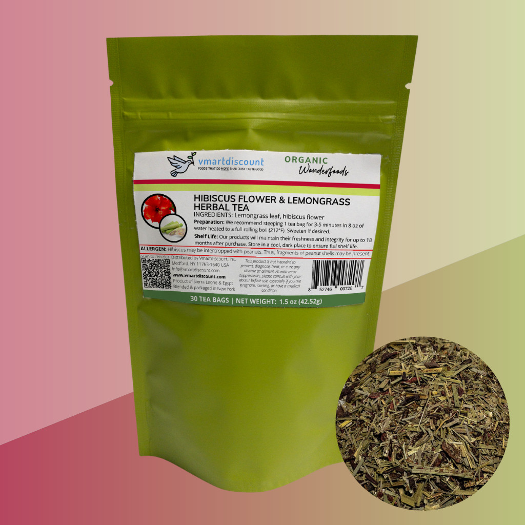 Hibiscus Flower Lemongrass Herbal Tea (30 Tea Bags), Premium All Natural Tea