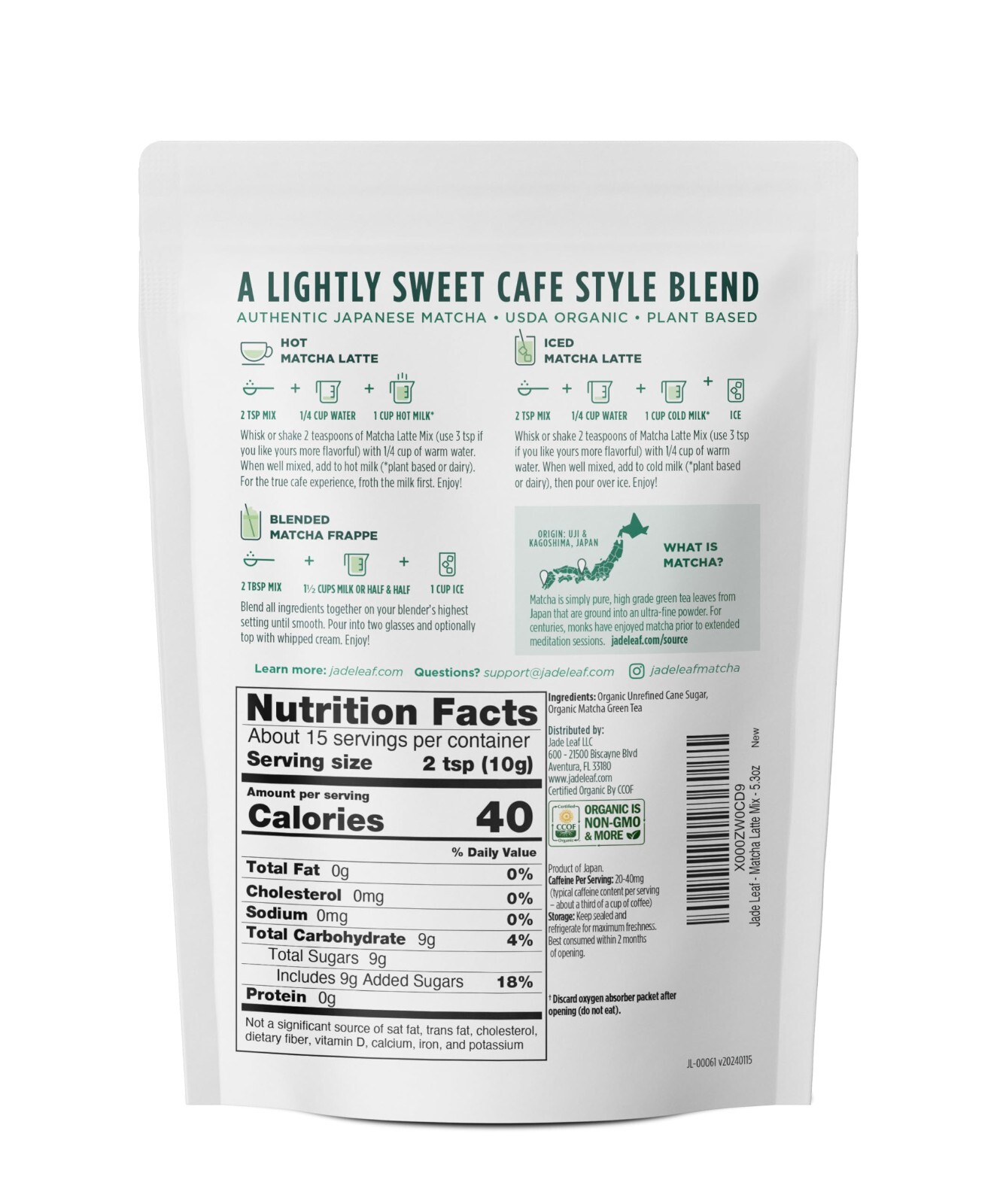 Jade Leaf Matcha Organic Café Style Sweetened Matcha Latte Premium Barista Cr…