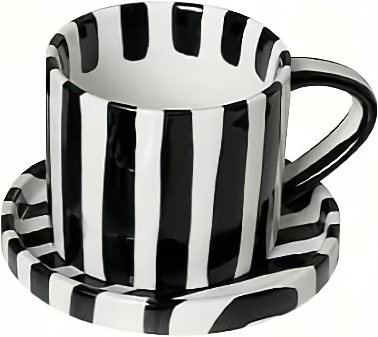 Black and White Striped Tea Cup and Saucer Set of 2, 8 oz Ceramic Coffee Mugs