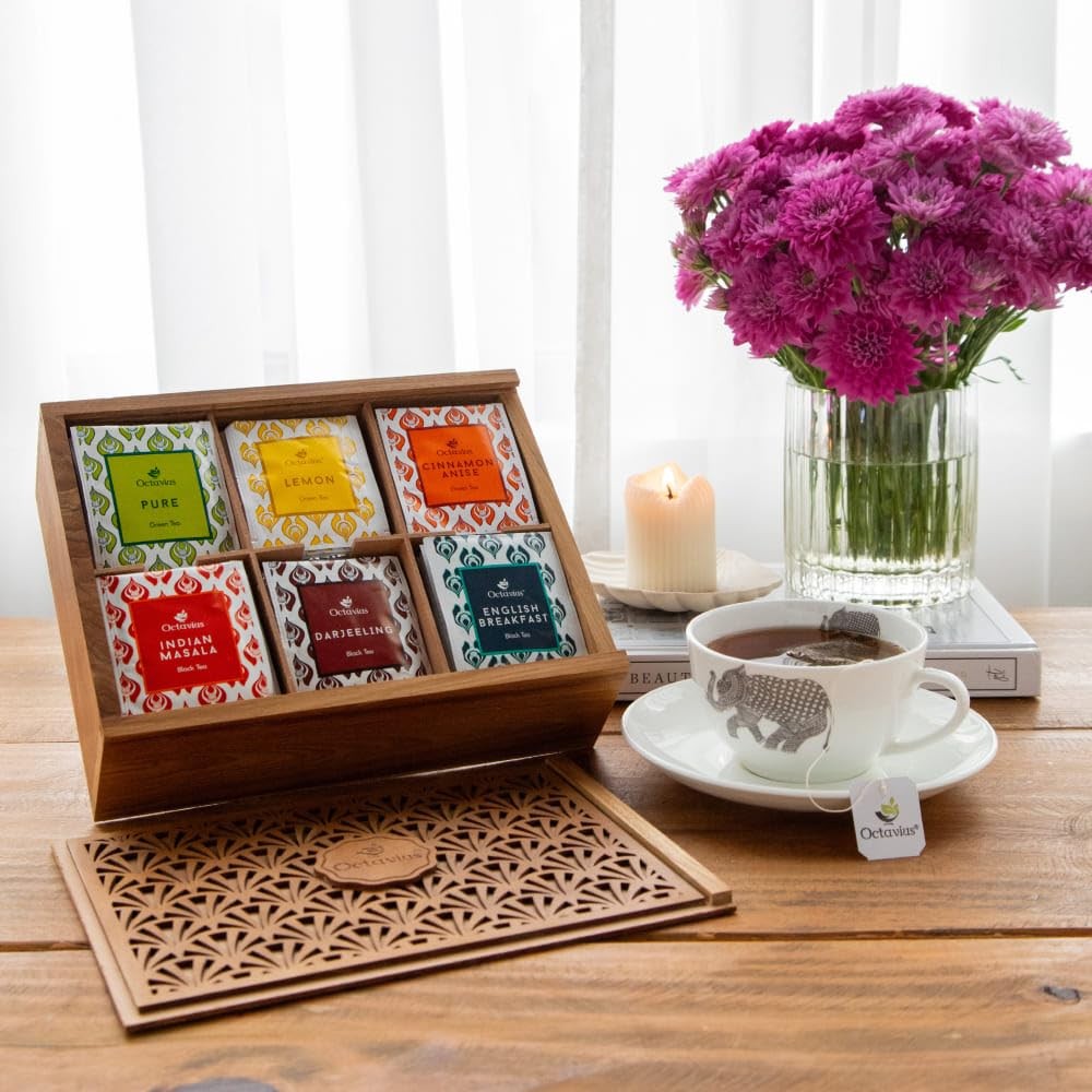 Octavius Tropical Palm Cutwork Wooden Tea Sampler Box | Premium Black & Green…