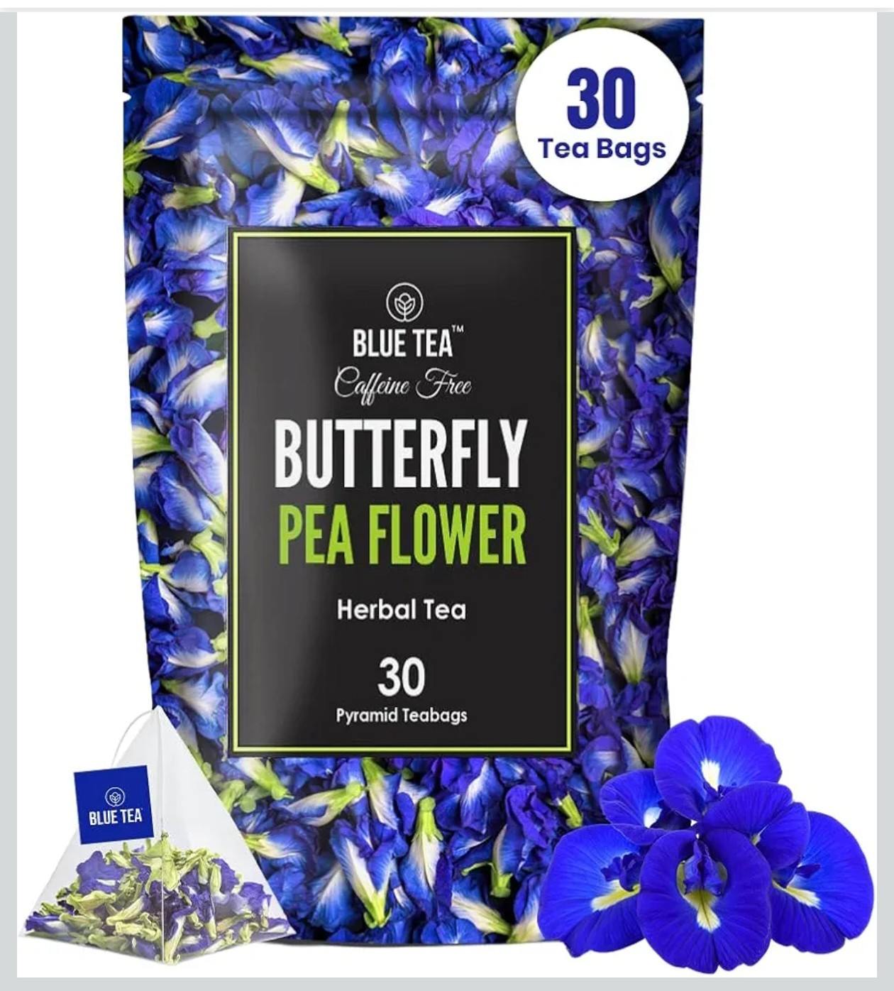 BLUE TEA Butterfly Pea Flower 30 Tea Bags Antioxidant Caffeine Free Detox Herbal