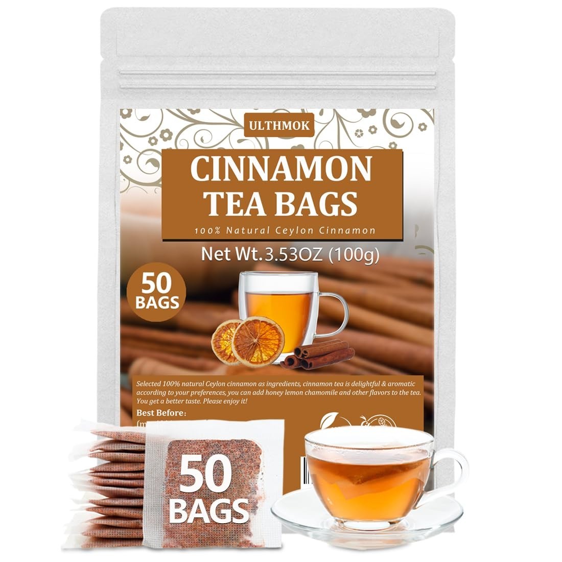 Cinnamon Tea Bags 100% Ceylon Cinnamon Natural Caffeine Free 50 Count