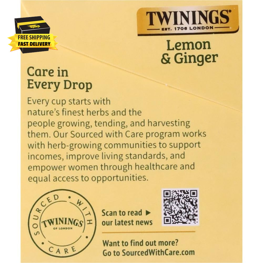 Lemon & Ginger Herbal Tea Individually Wrapped Bags, 20 Count (Pack of 1), Tangy