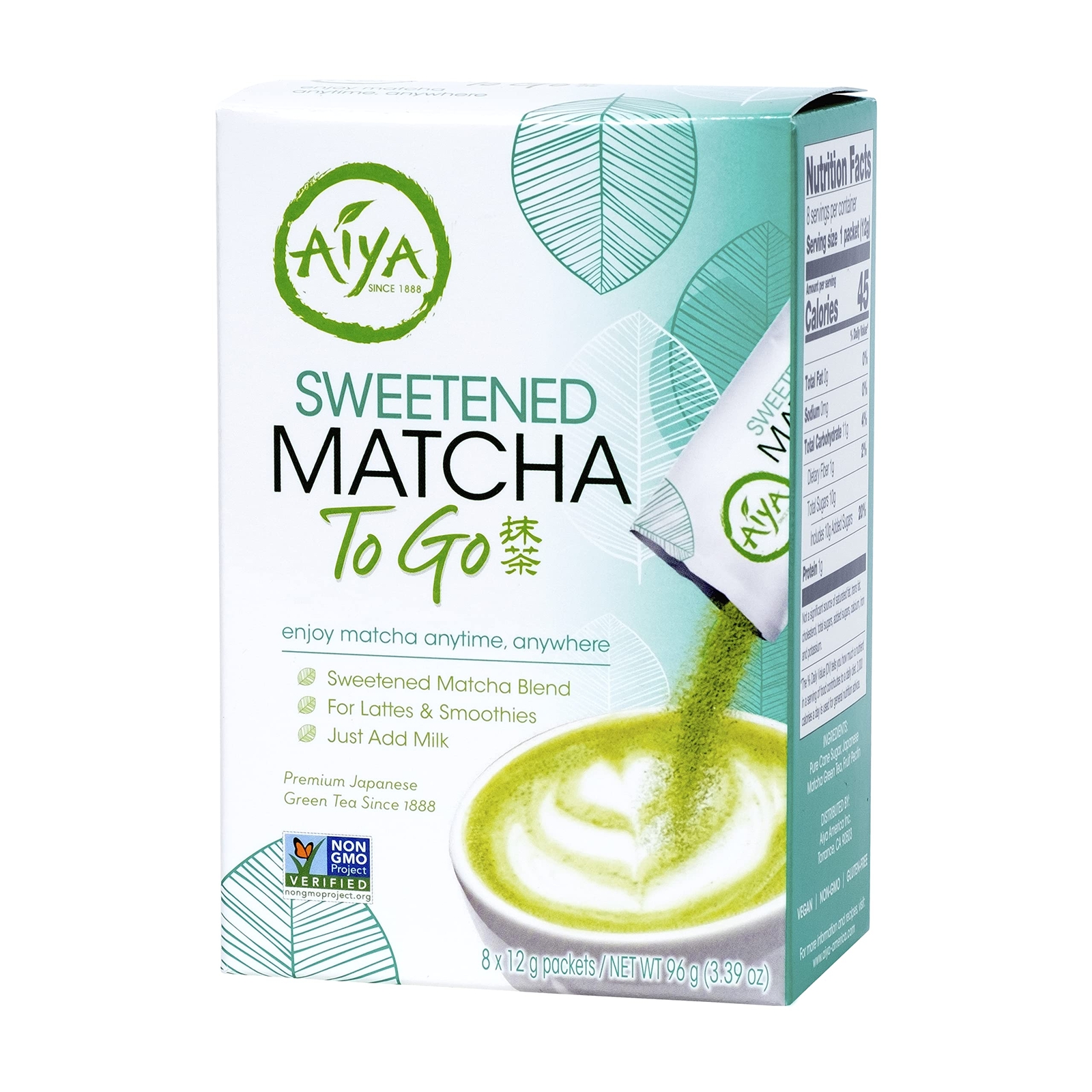Aiya Japanese Sweetened Matcha To Go Sticks 0.42oz Pack of 8 Vegan Gluten Free