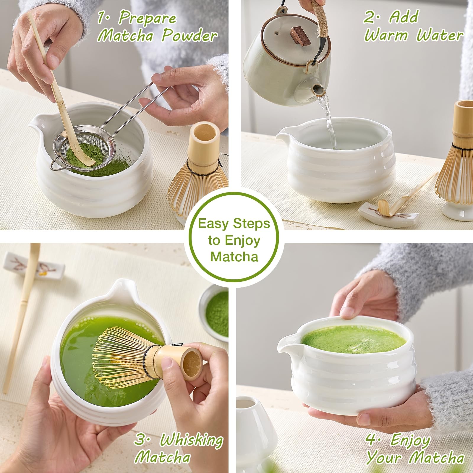 Matcha Whisk Set, Japanese Tea Set (5pcs) includes Matcha Bowl with Spout (19…
