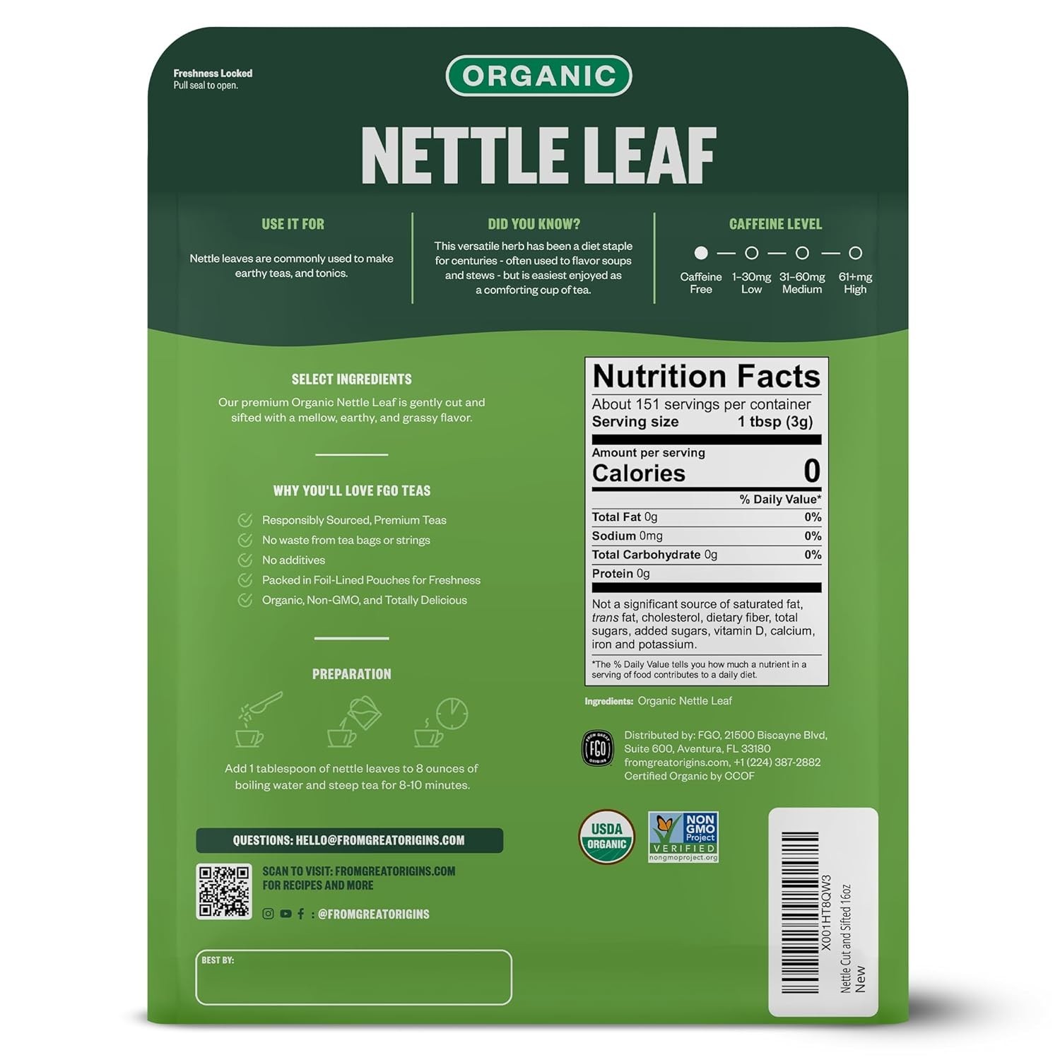 Organic Nettle Leaf Loose Tea, Cut and Sifted, Caffeine Free, 16Oz Bulk Resealab