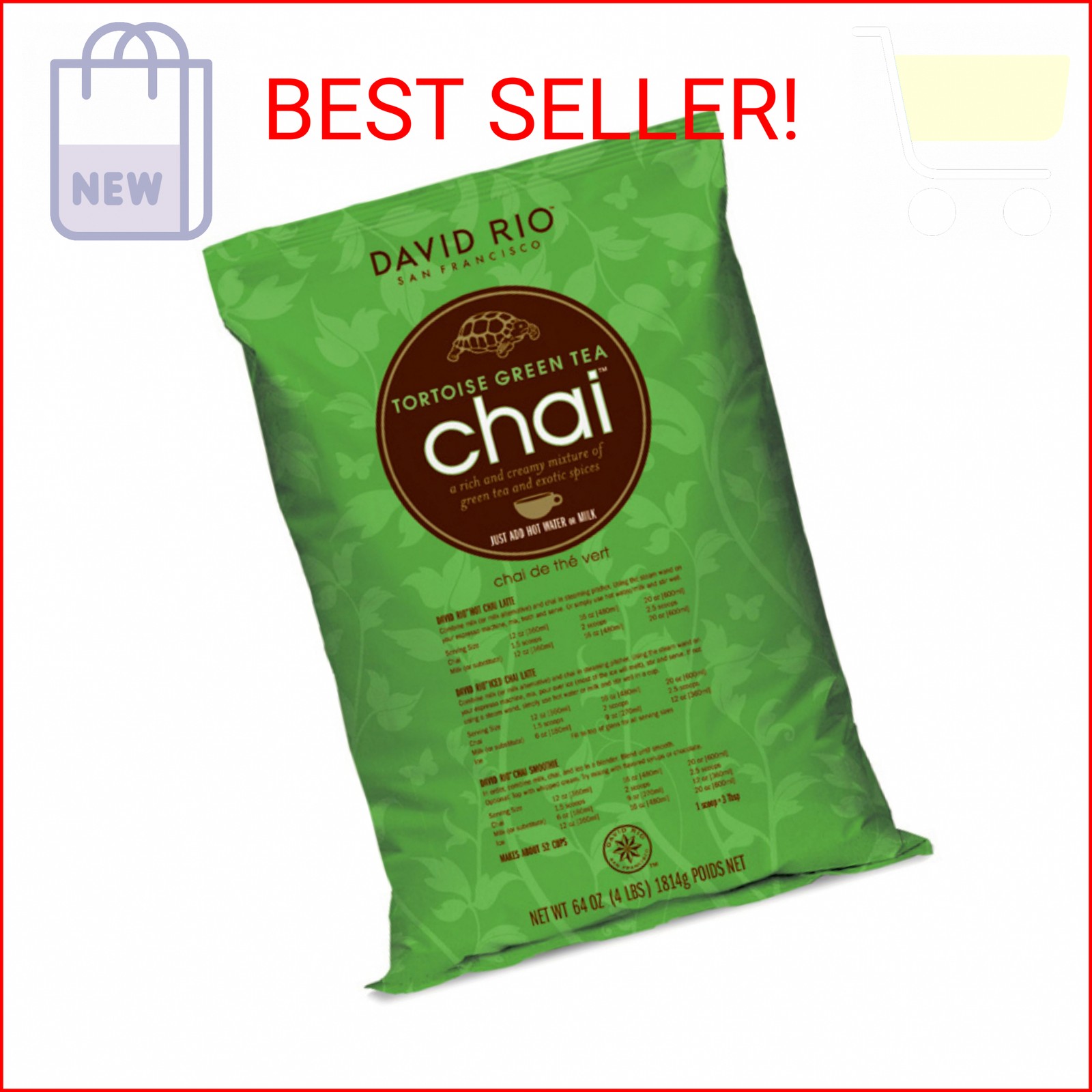 David Rio Tortoise Green Tea Chai Tea Latte Mix, 64 Oz, Green Tea, Organic Spice