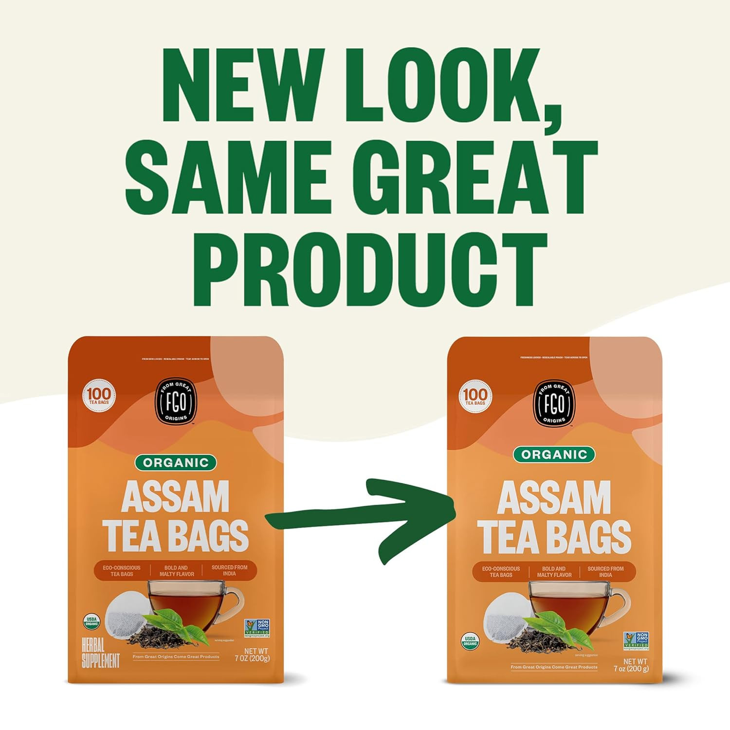 Organic Assam Tea, 100 Count, Eco-Conscious Black Tea Bags, Resealable Bag, Pack
