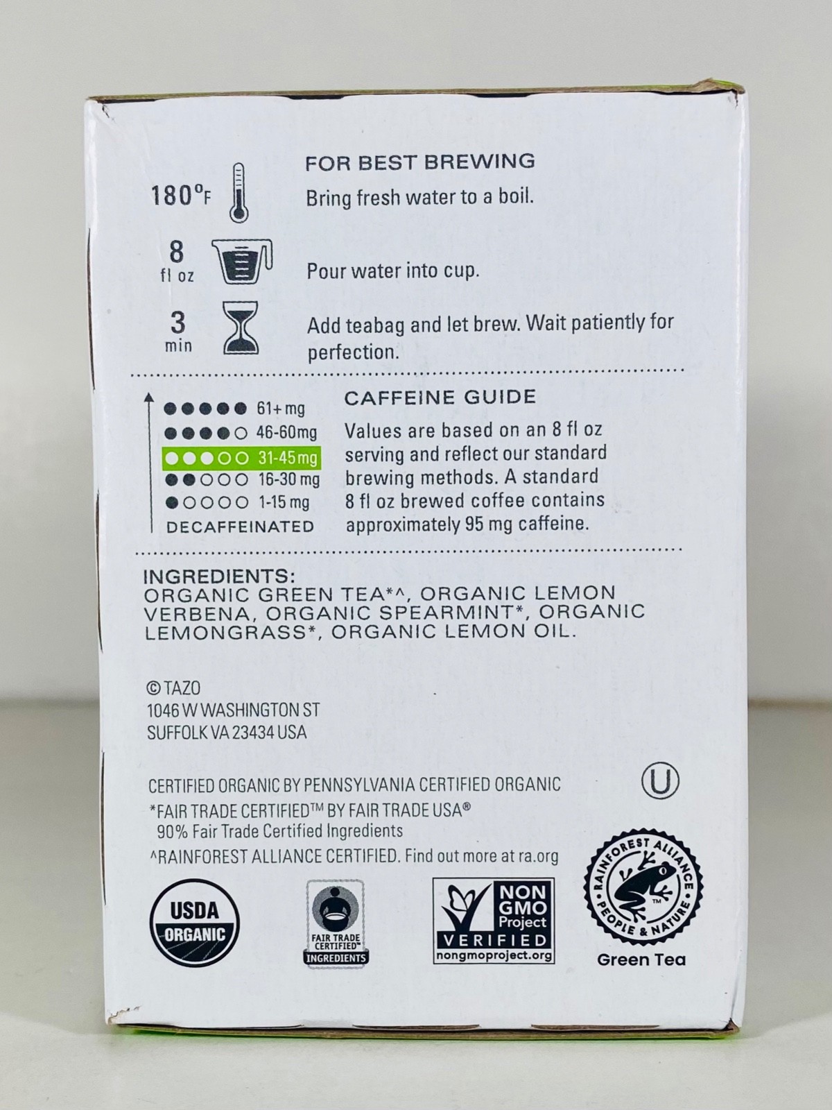 TAZO Organic ZEN GREEN TEA, Lemongrass/Spearmint, Regenerative, 36 Tea Bags