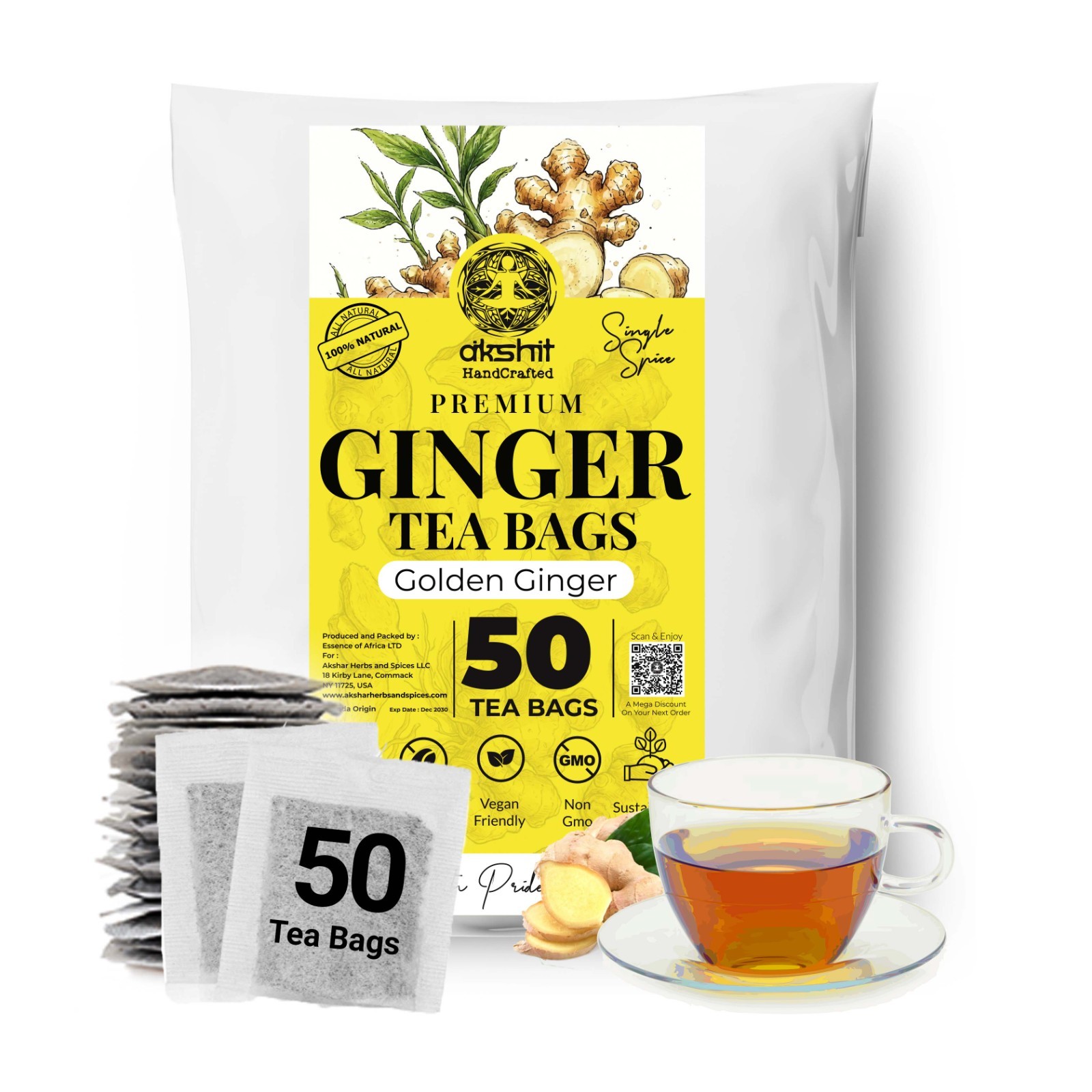 50 Ginger Tea Bags – Pure Ginger Tea – Herbal Tea Infusion