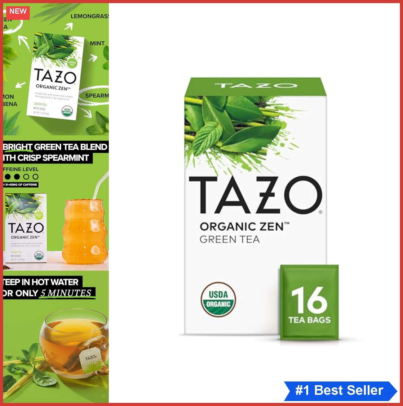 Organic Green Tea Bags 16 Count Caffeinated Lemongrass Spearmint Non-GMO Kosher