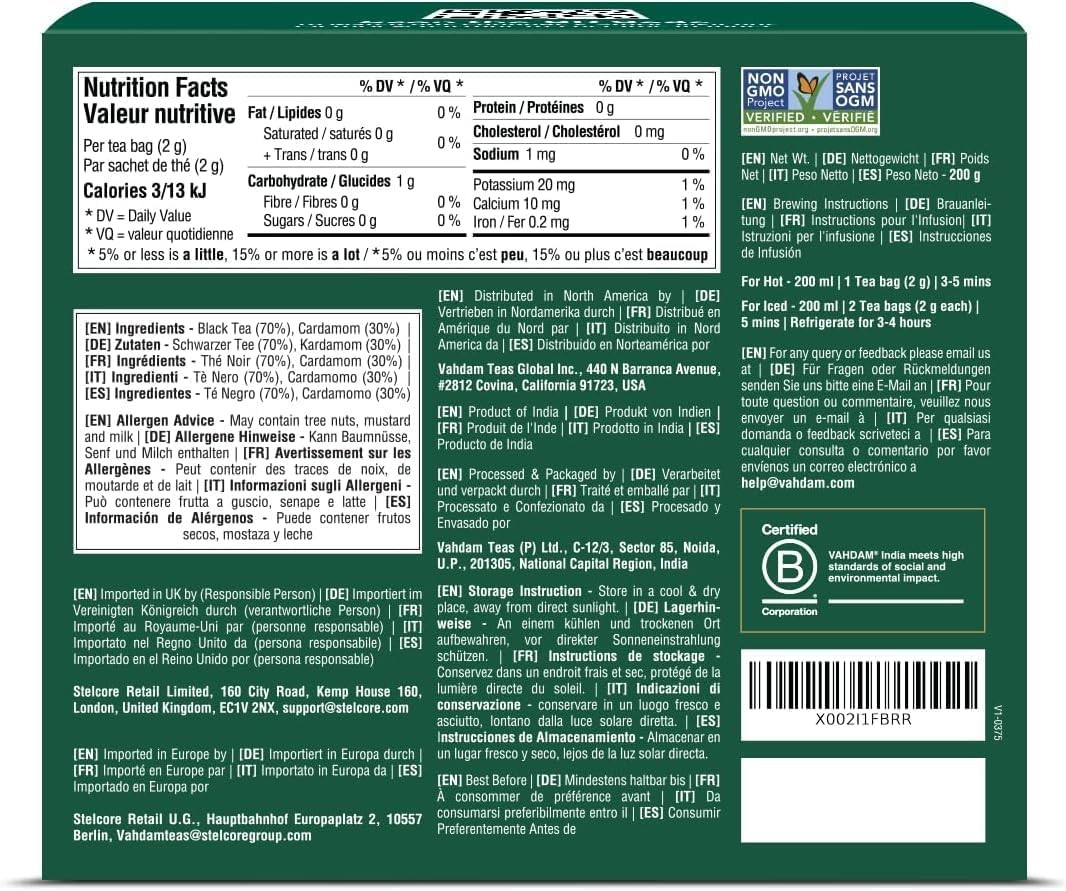 VAHDAM, Cardamom Masala Chai Tea Bags (100 Count) Non GMO, Gluten Free, No…