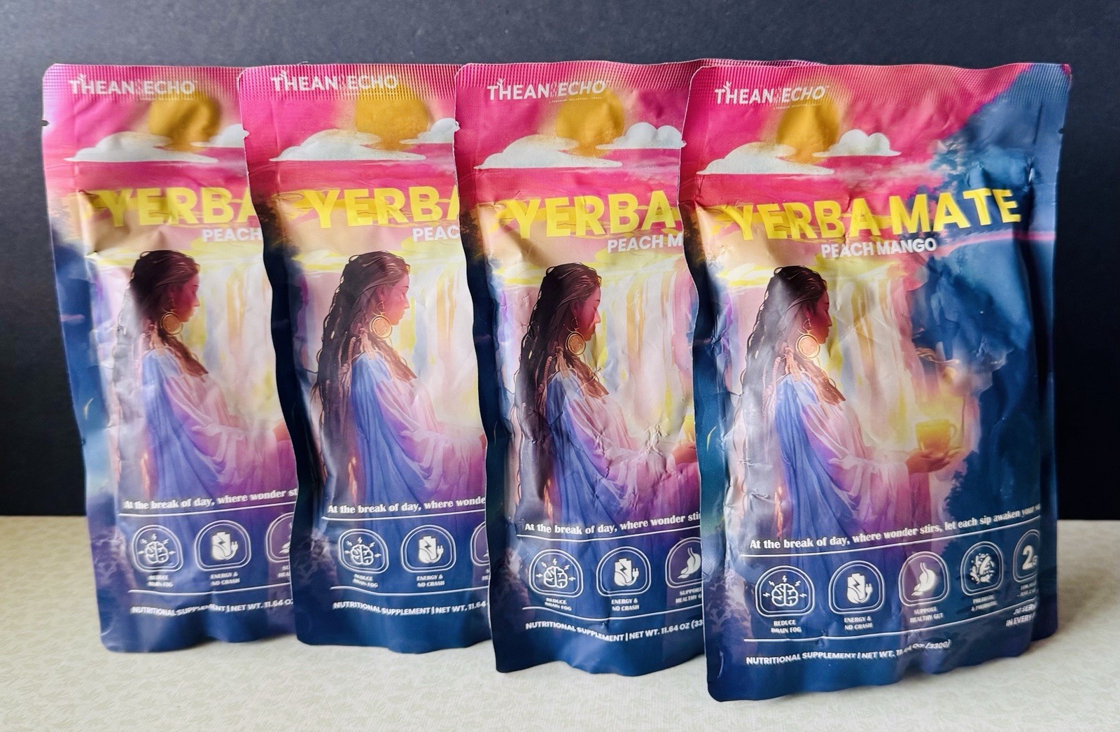 4x THEAN ECHO Yerba Magic Peach Mango 11.64oz 30 Serv Instant Tea, BB: 05/2027