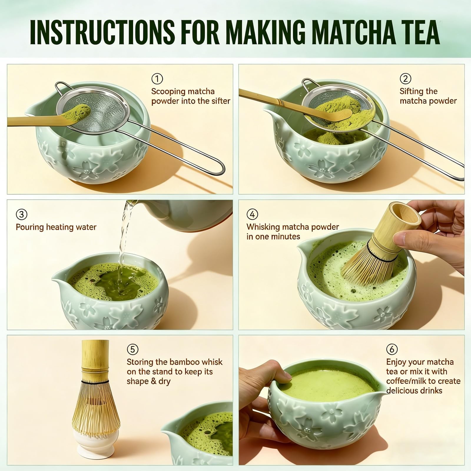Matcha Set – Complete Matcha Kit with Ceramic Bowl, Bamboo Matcha Whisk, Wood…