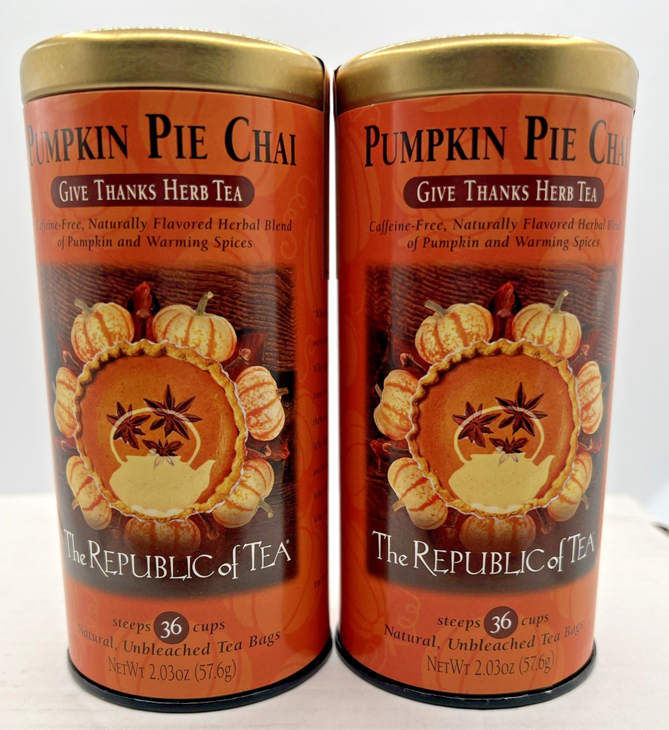 The Republic Of Tea Pumpkin Pie Chai Tea Tins 36 Caffeine-Free Herb Tea Bags X2
