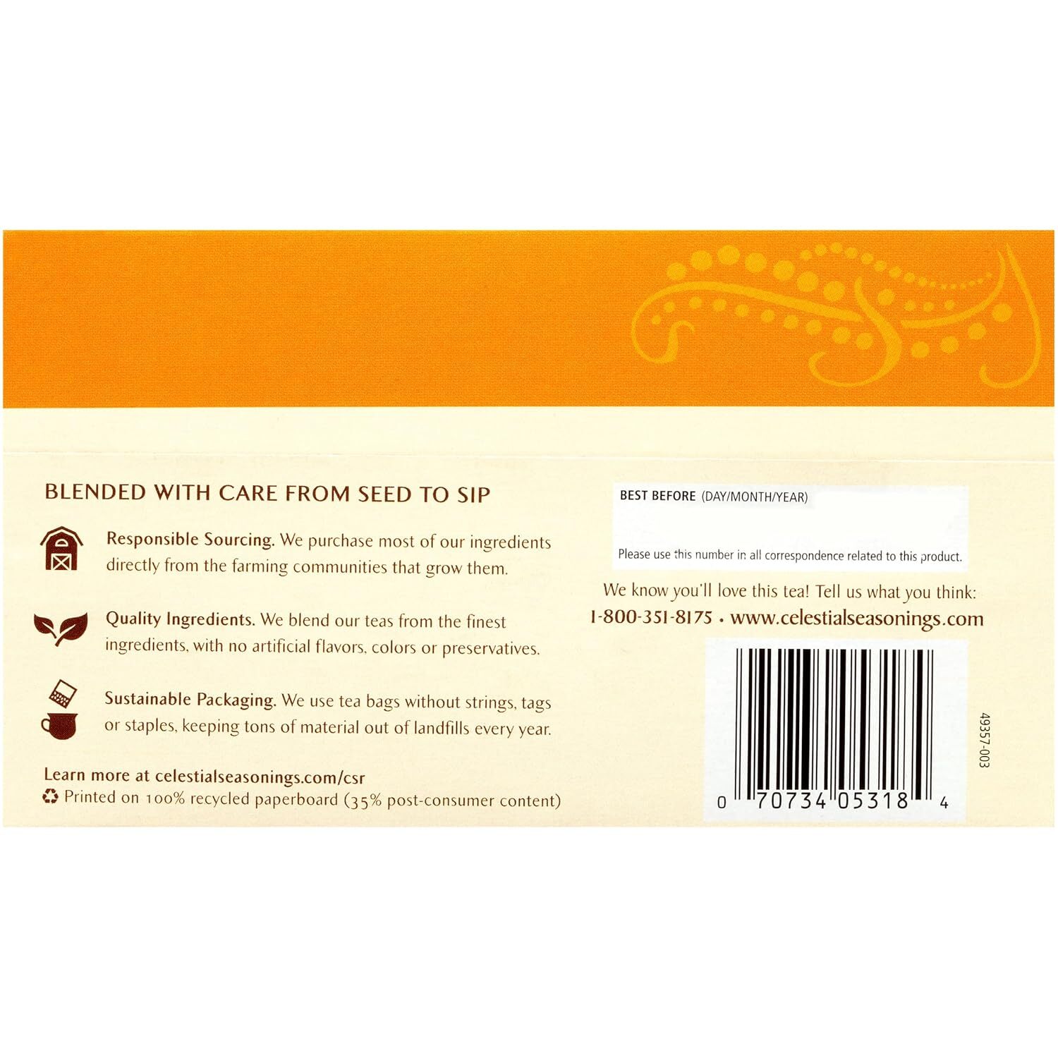 Celestial Seasonings Tangerine Orange Zinger Herbal Tea, 20 Tea Bags Box
